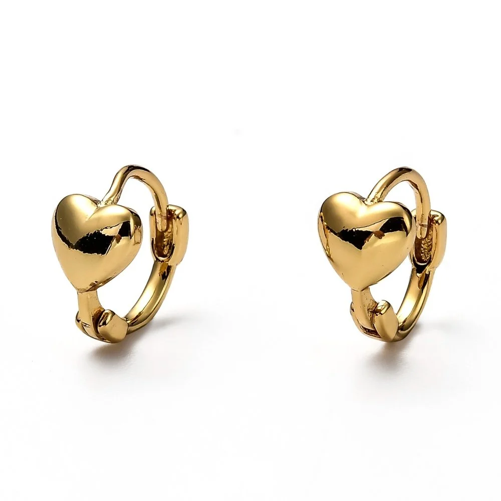 Pair of gold heart-shaped hoop earrings with a shiny, reflective surface.