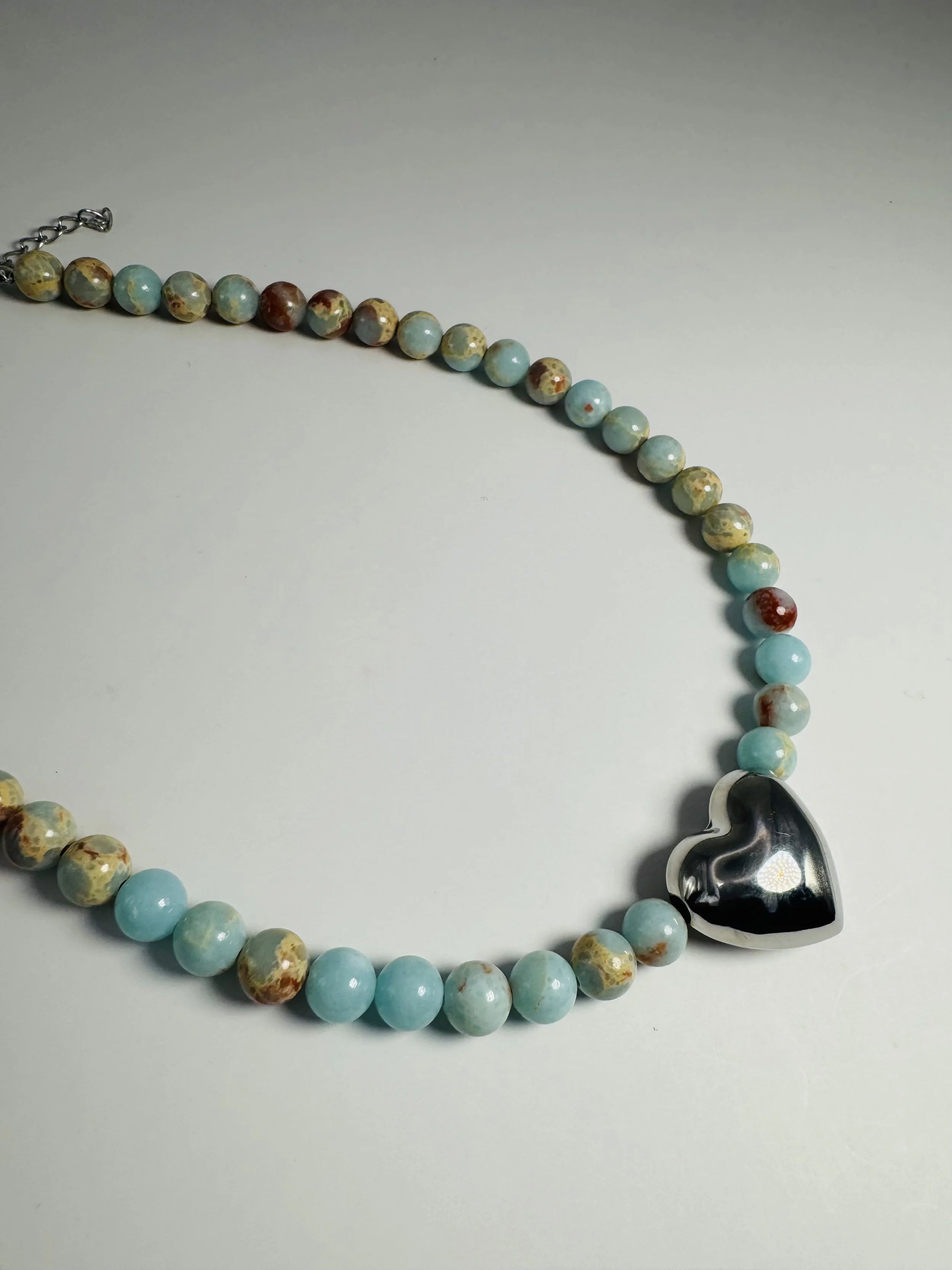 Ocean Blue Jasper & Puffy Silver Heart Necklace