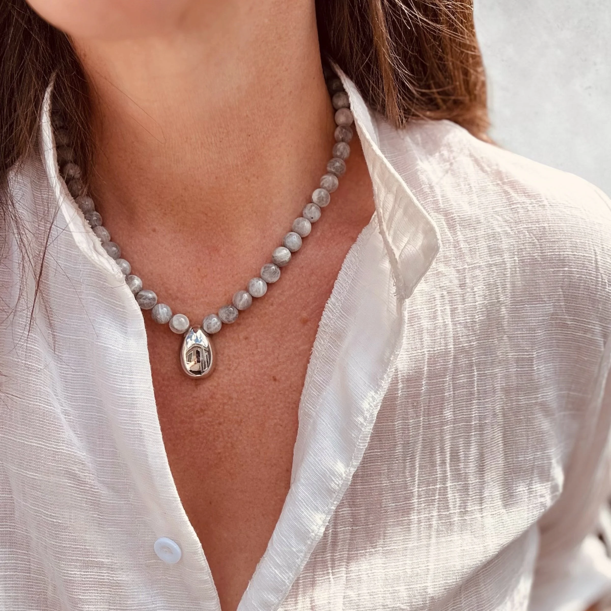 Grey Moonstone Beaded Necklace with Platinum Plated Pebble Pendant