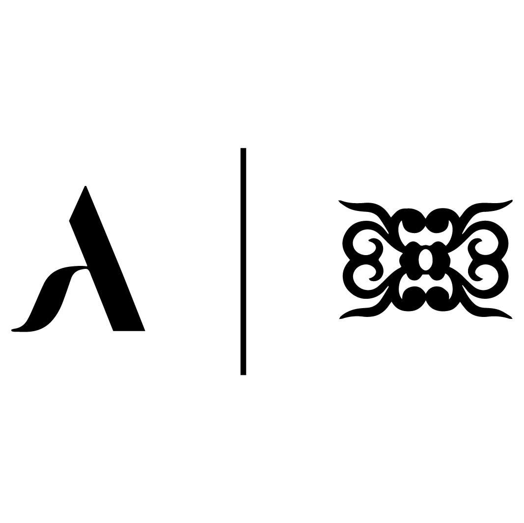 Deux logos, l'un à gauche avec la lettre 'A' stylisée et un détail en forme de feuille, l'autre à droite avec un motif ornemental noir intricate.
