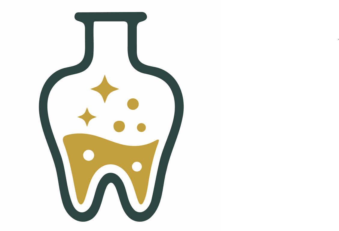 Illustration of a tooth with a potion bottle inside it containing sparkles and bubbles, symbolizing dental care or whitening.