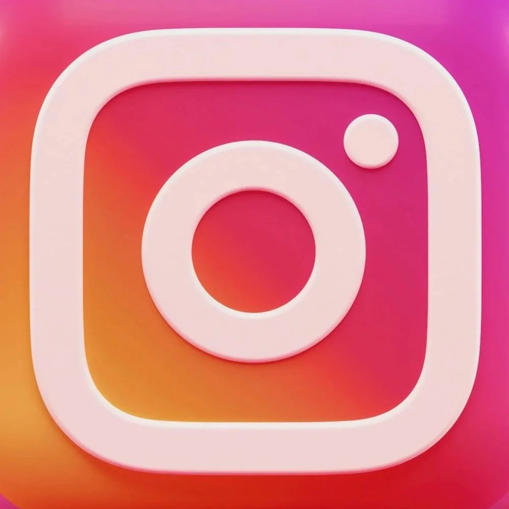 Instagram logo with a pink and orange gradient background.