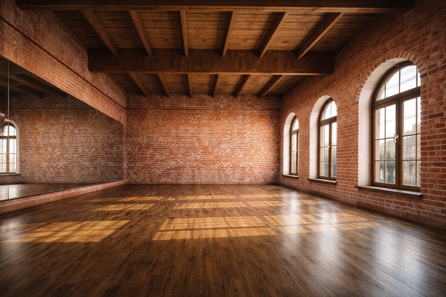Empty dance studio with brick walls, wooden floors, large arched windows, and exposed wooden ceiling beams, illuminated by sunlight.