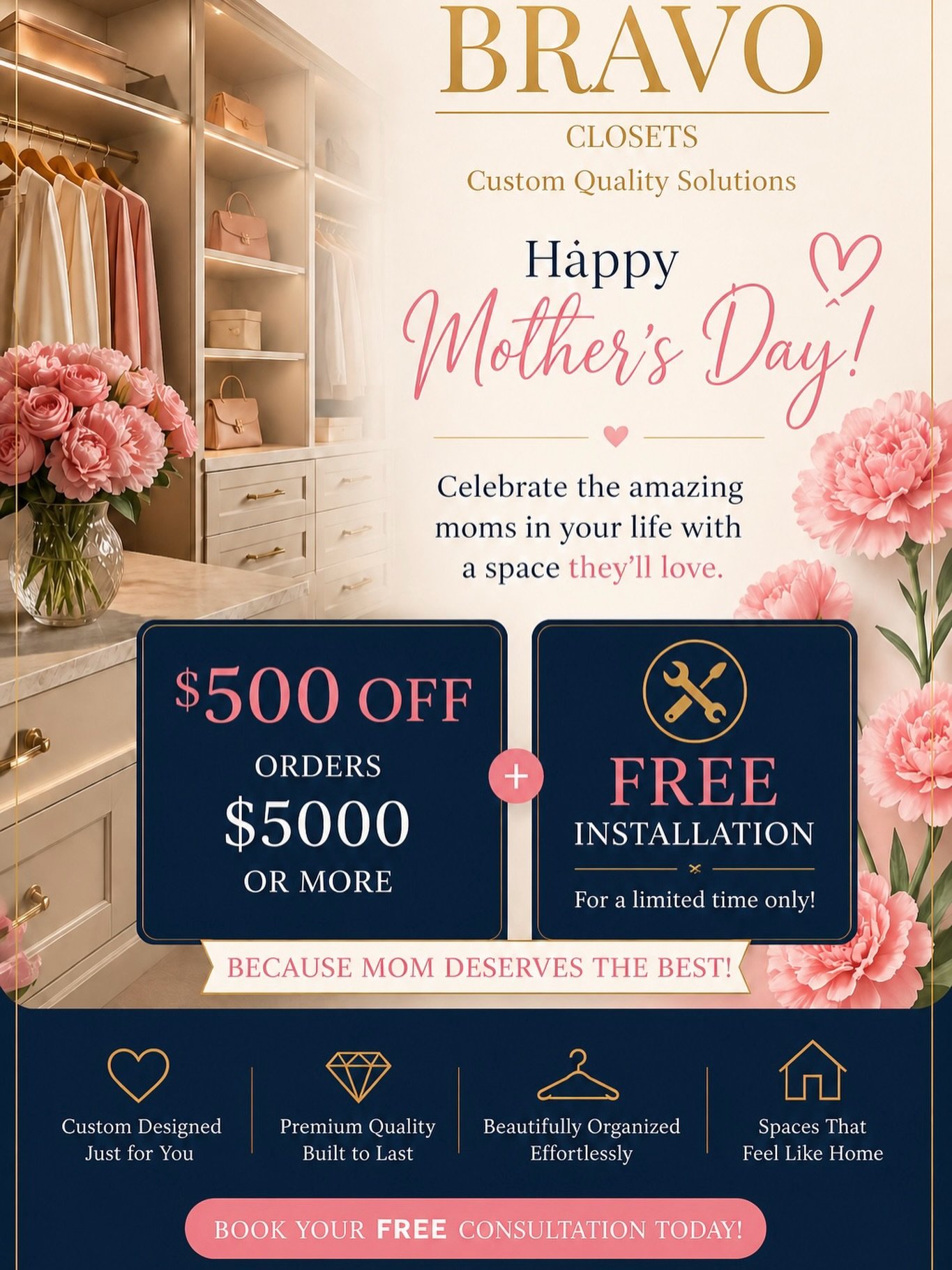 Give Mom the gift she&rsquo;ll truly love this Mother&rsquo;s Day 💐✨ &mdash; a beautifully organized space designed just for her.

At Bravo Closets, we create custom solutions that blend style, function, and quality craftsmanship&mdash;because she d