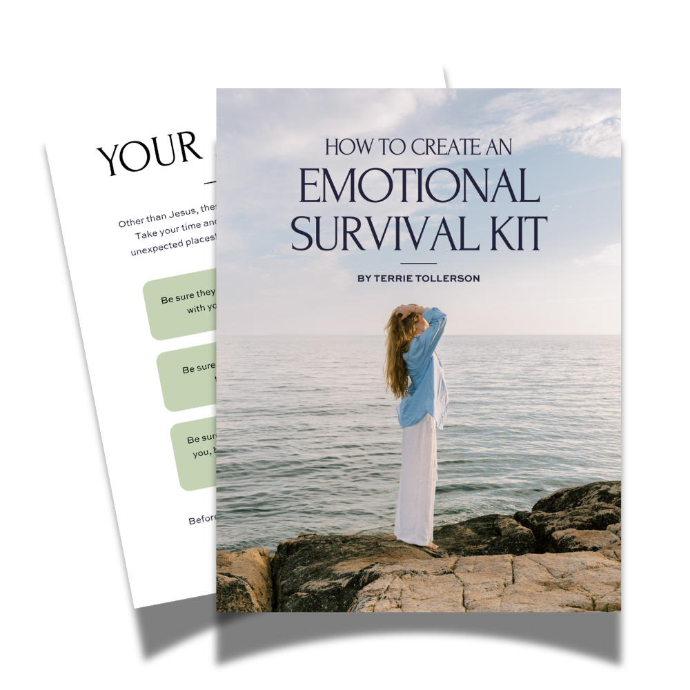 Cover of a book titled 'How to Create an Emotional Survival Kit' by Terrie Tollerson, featuring a woman standing on rocks by the ocean, holding her head with both hands, with a partly cloudy sky above.