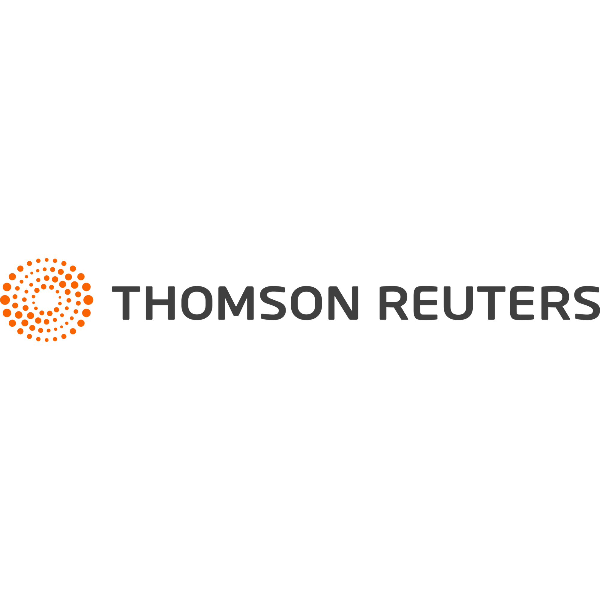 Thomson Reuters logo with black background, orange circular design, and gray text