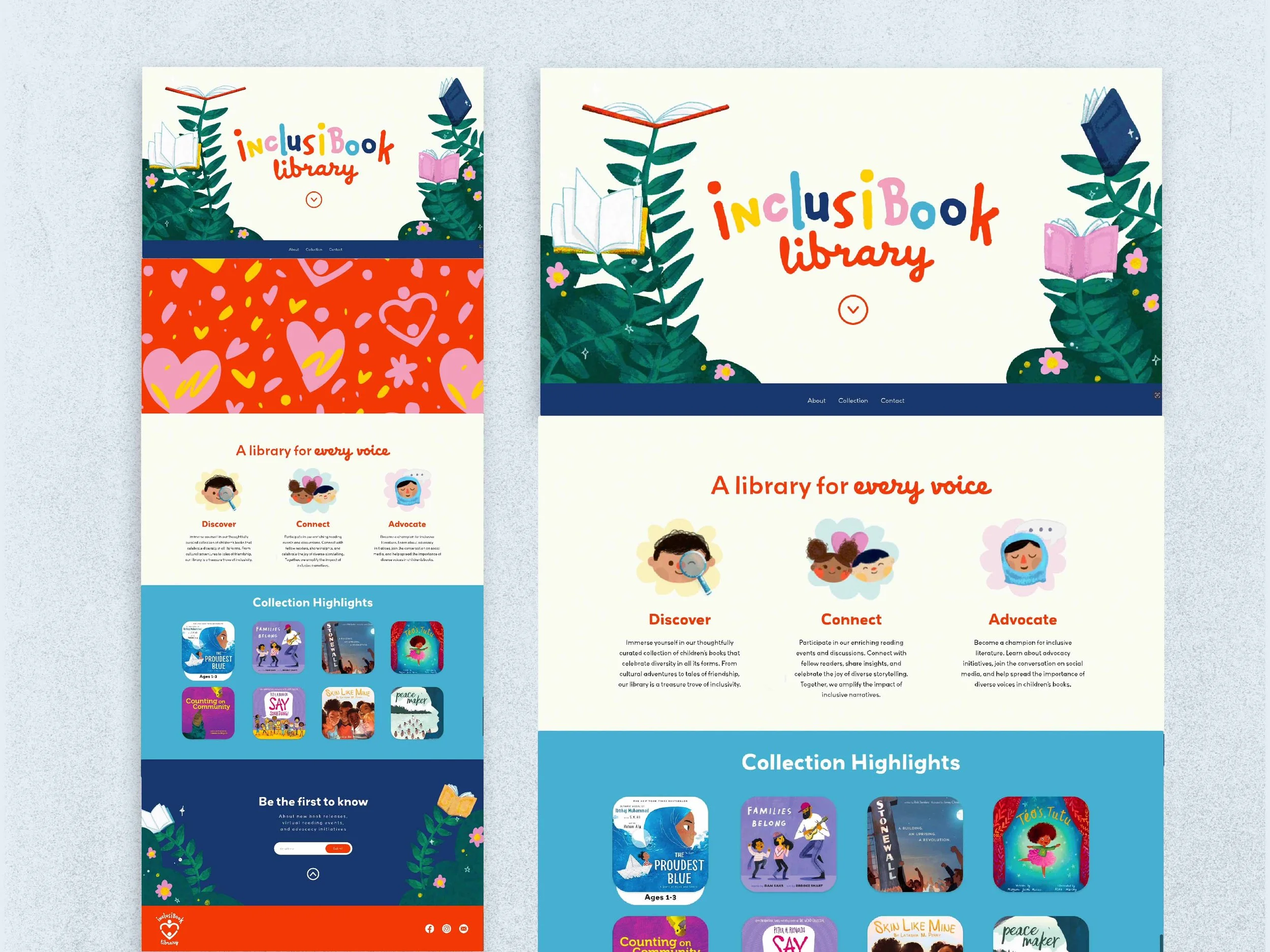 Colorful website design for InclusiBook Library featuring illustrations of books, leaves, and children, with sections for discovery, connection, advocacy, and collection highlights.
