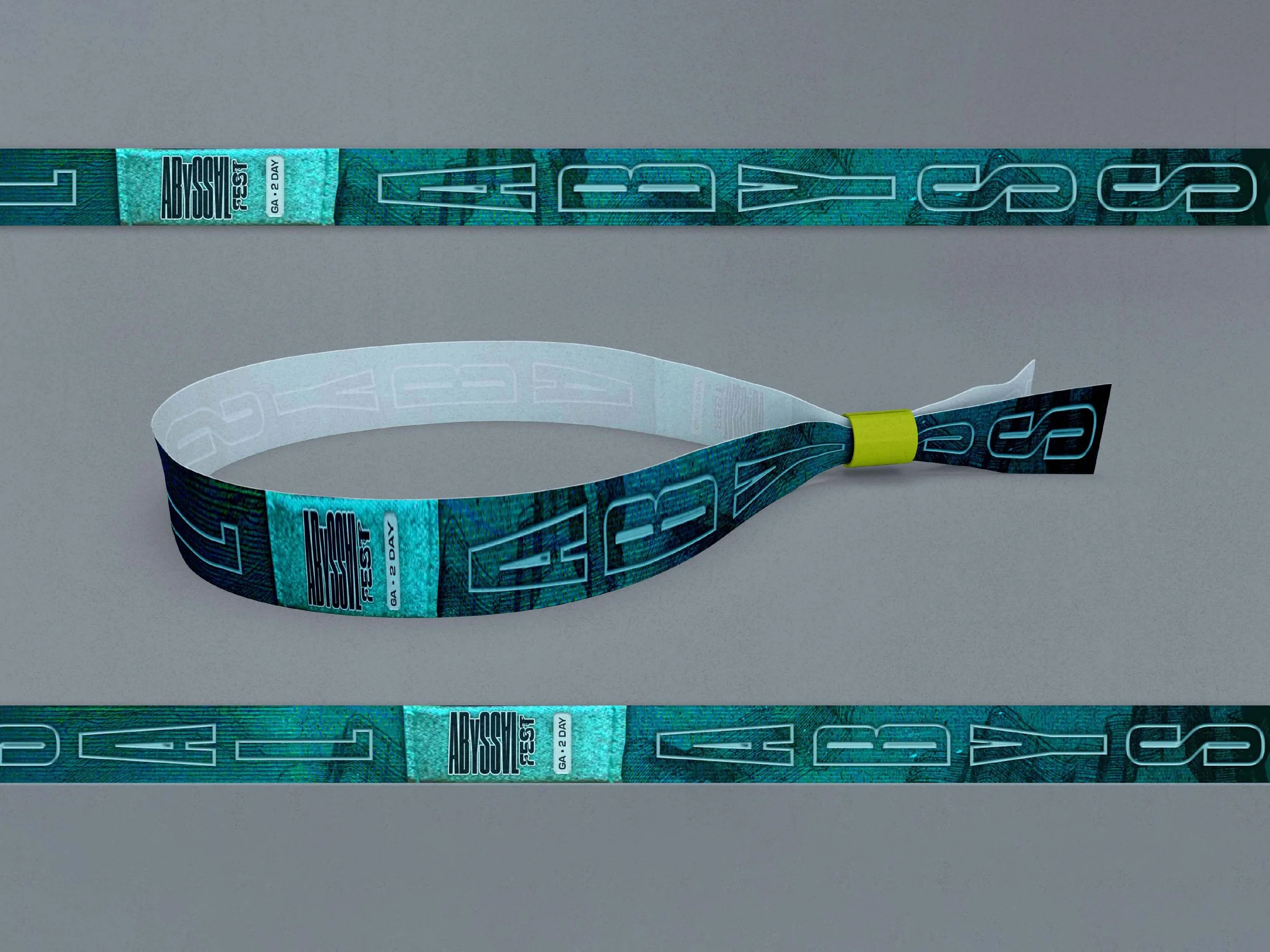 A teal and black fabric lanyard with the text 'ABYSSAL FEST' and 'GA 2 DAY' printed on a white label, shown coiled and extended on a gray surface.