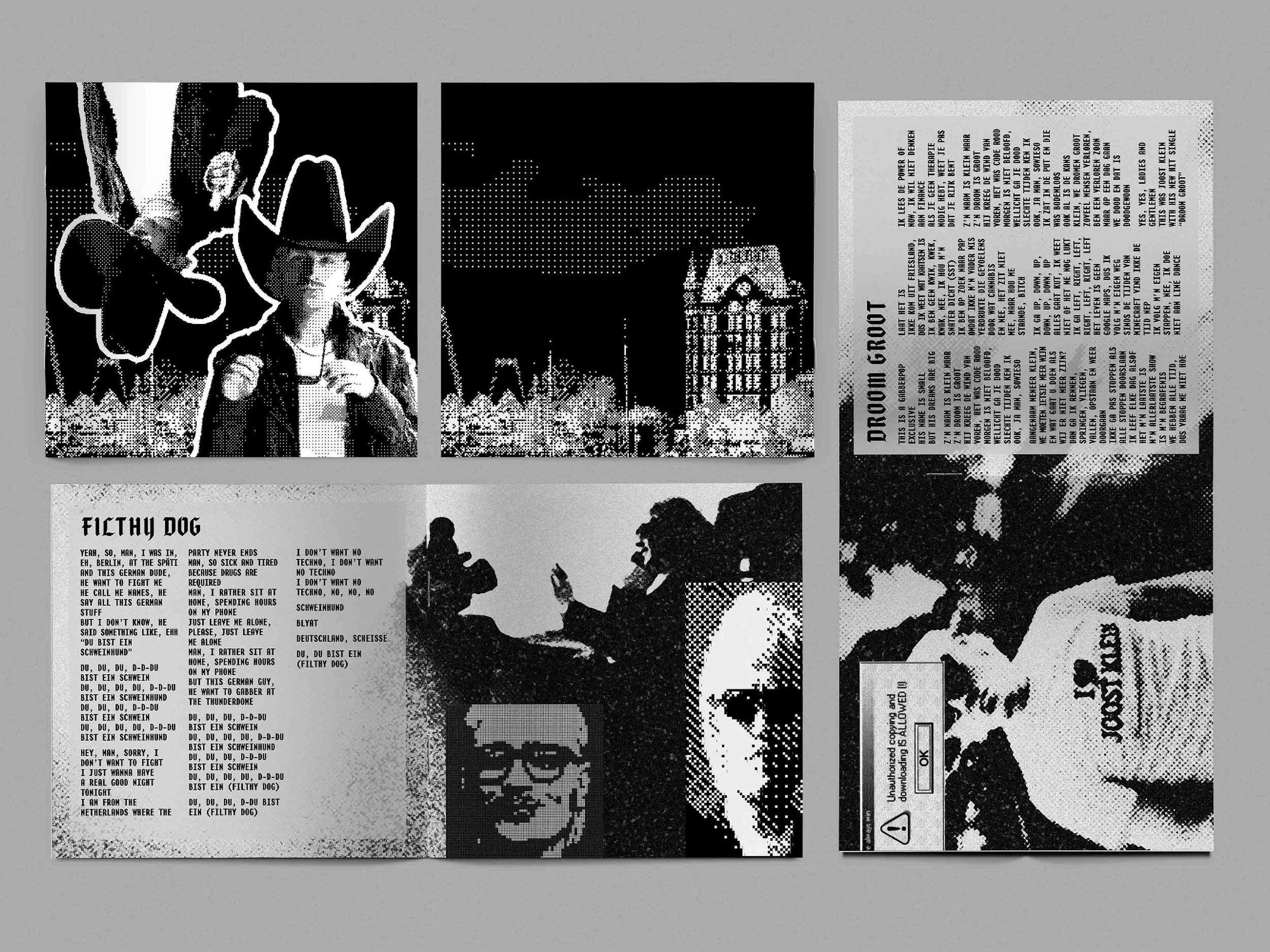 Collage of six pixelated images including a person with a hat, a cityscape with a tall building, text sections, people on a phone, a smiling man, and a flower, all in black and white.