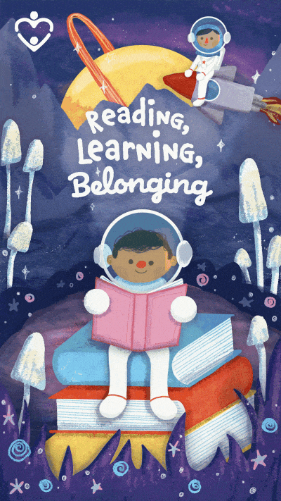 Children's book cover titled 'Reading, Learning, Belonging' featuring cartoon kids in space, reading books surrounded by mushrooms and stars.