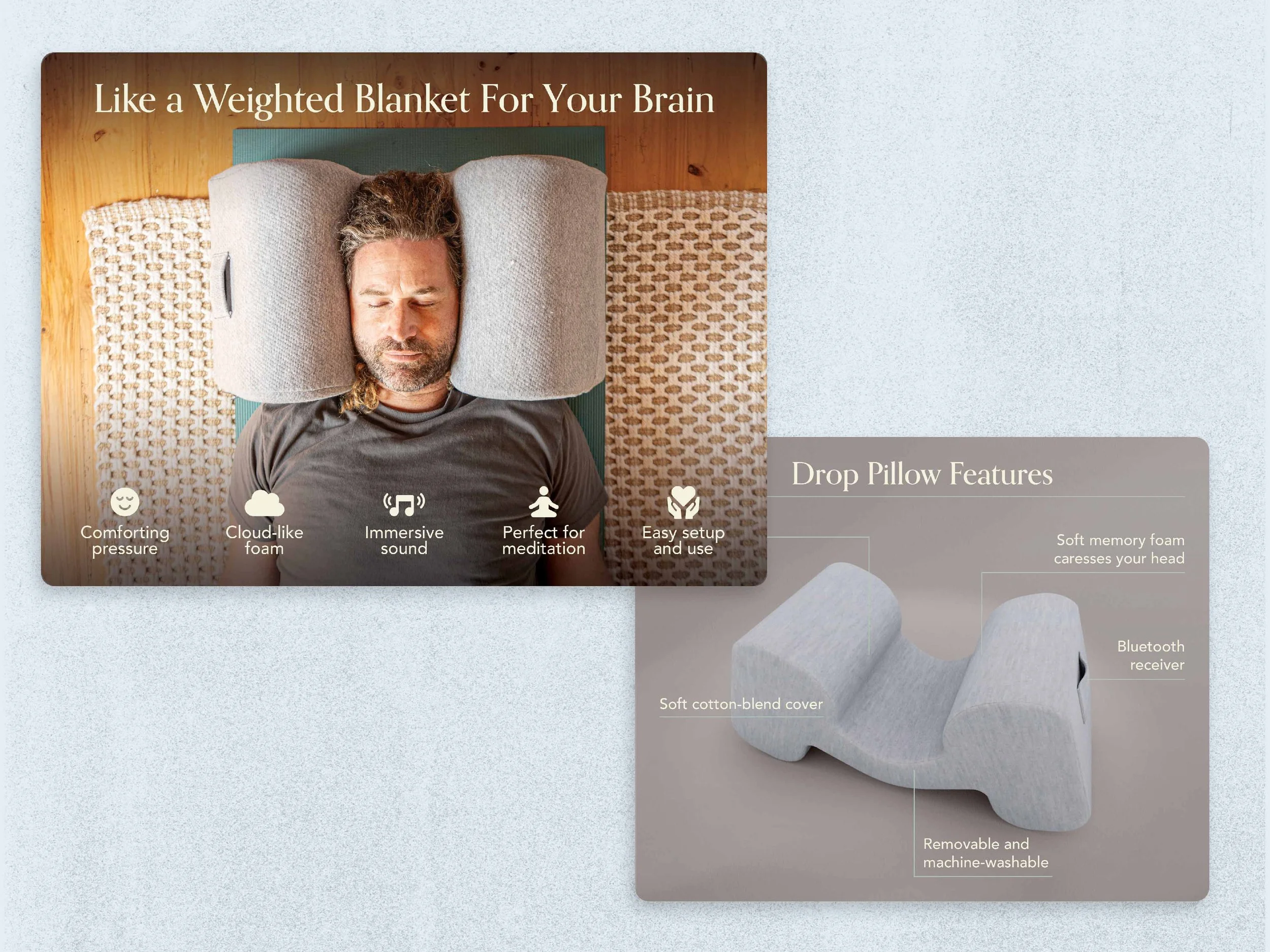 Man lying on a bed with a pillow on his head, with overlay text that says 'Like a Weighted Blanket For Your Brain.' Icons and text indicate features such as comforting pressure, cloud-like foam, immersive sound, perfect for meditation, easy setup and