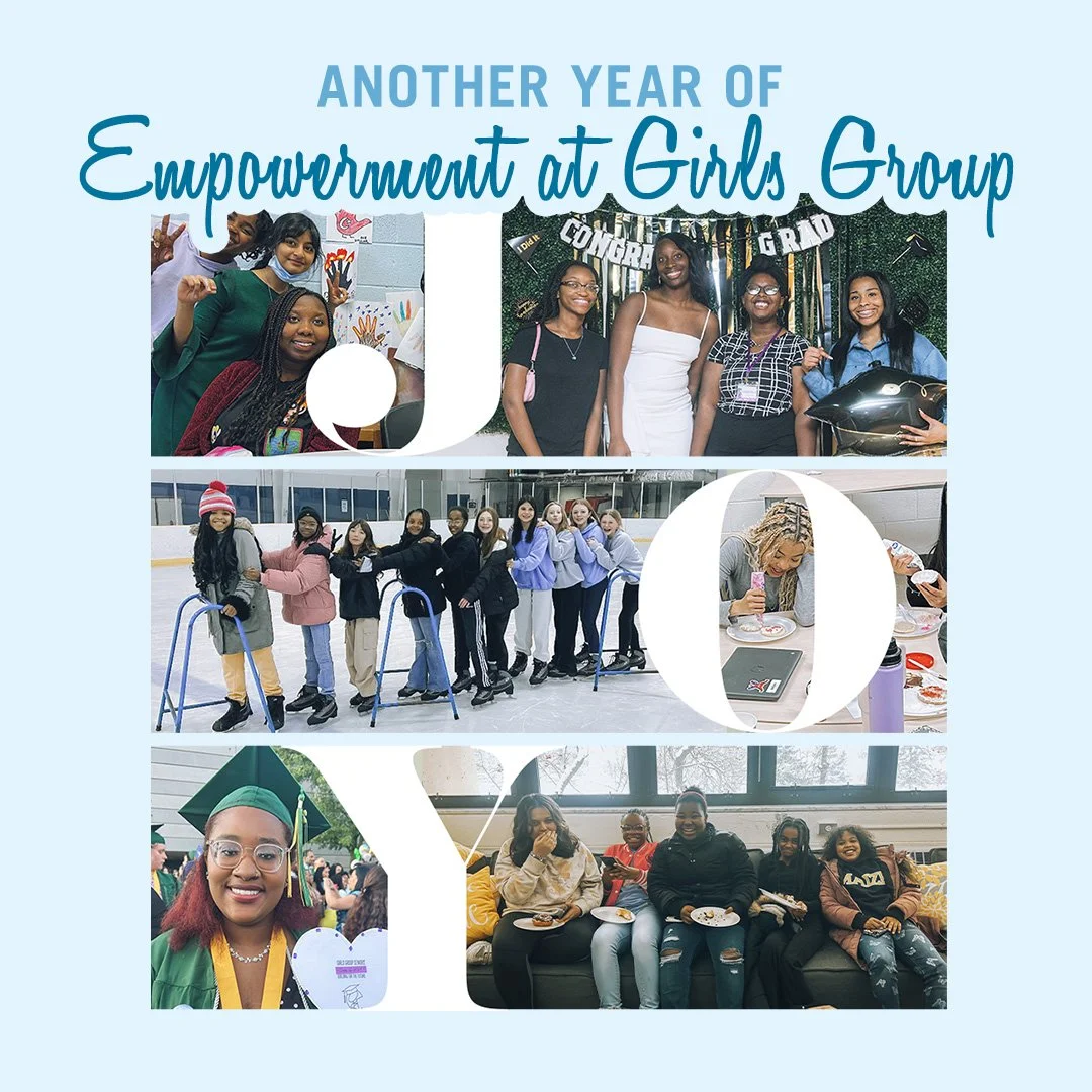 Collage of photos showing girls' empowerment activities, including group celebrations, ice skating, a girl in graduation cap, and girls enjoying a meal.