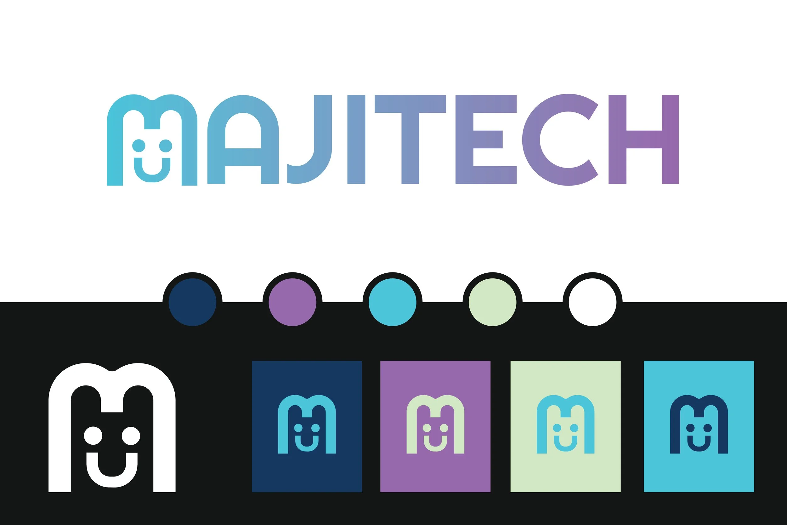 A colorful logo with the word 'MAJITECH' in gradient purple and blue text, featuring a smiling face inside the letter 'M'. Below, five circles in various shades of blue, purple, and green, are connected with a black line. Under the circles, five colo