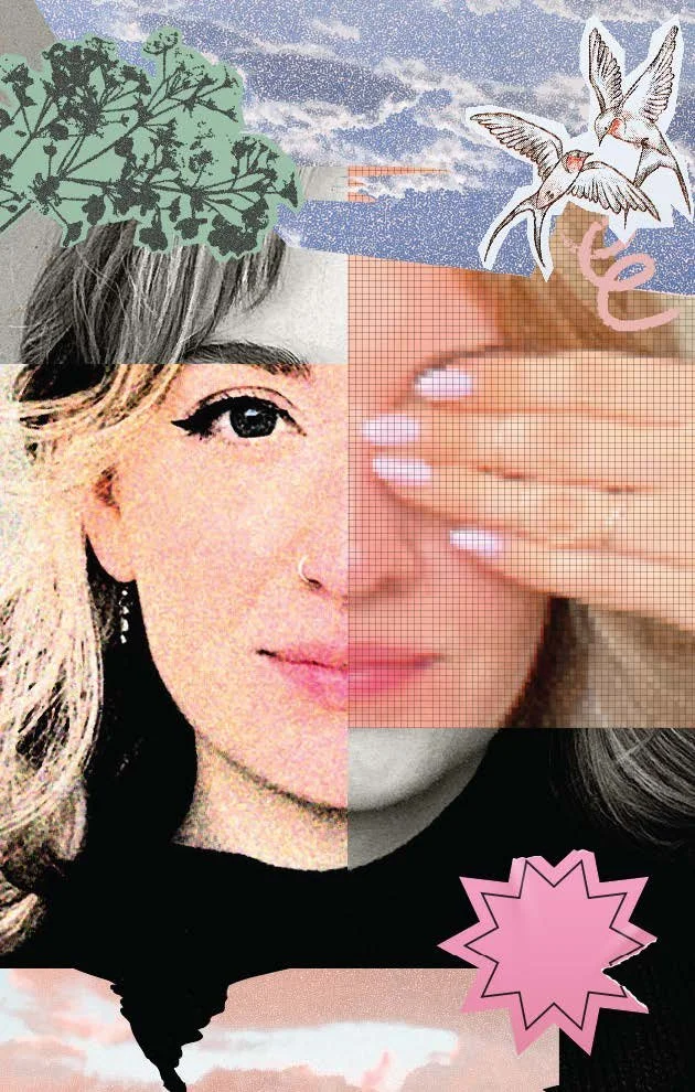 A collage combining a woman's partially visible face, a hand covering one eye, drawing of birds flying, a green leafy plant, pink and purple graphic elements, and a background of sky and clouds in a digital art style.