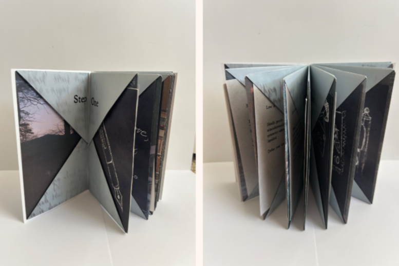 Open small photo album with multiple pages, showing photographs and text, viewed from the front and from the side.
