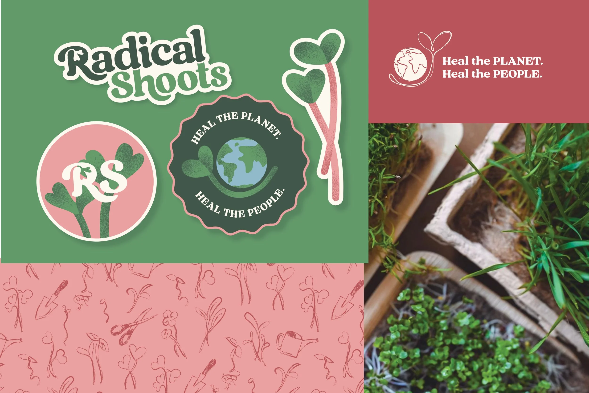 A collage with eco-friendly illustrations, logos promoting planet and people health, and a photo of seedlings sprouting in soil.