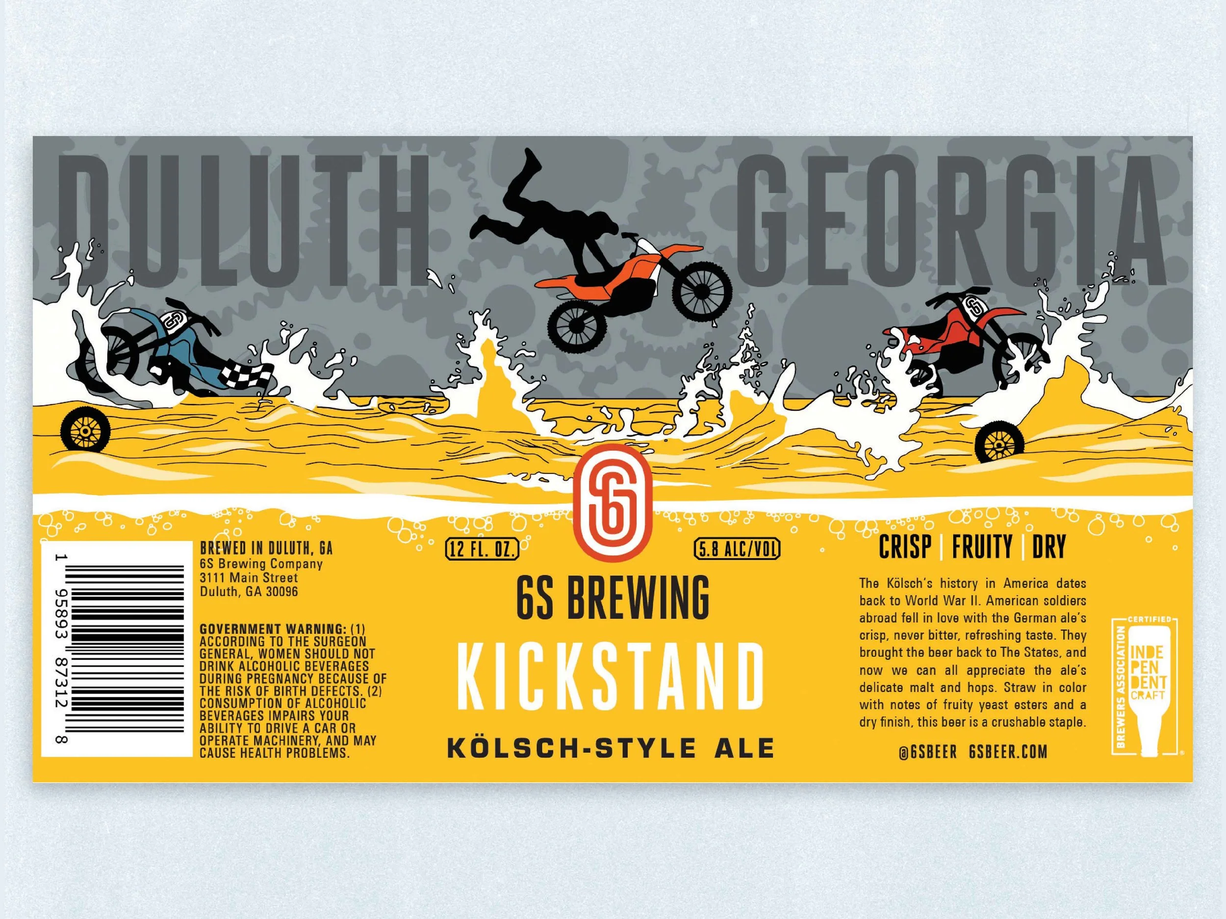 Label for 6S Brewing Kickstand Kölsch-style ale featuring a graphic of motocross riders performing jumps over water.