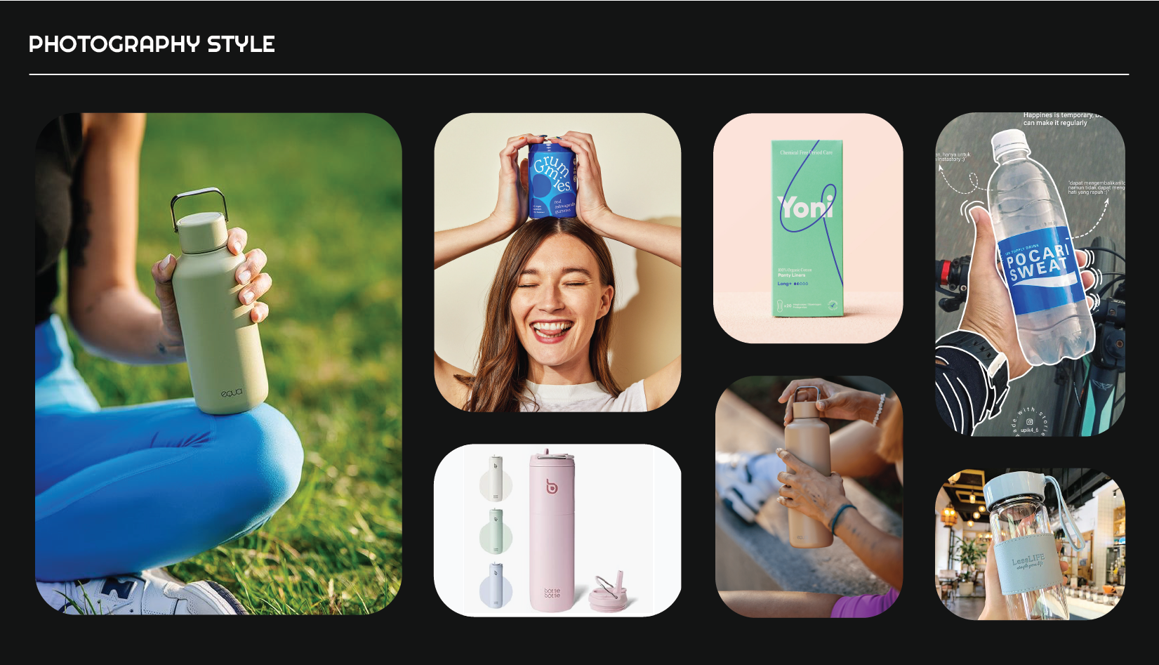 A collage of various water bottles and beverage containers, including insulated bottles, boxed drinks, and glass bottles, set against backgrounds of outdoor and indoor settings.
