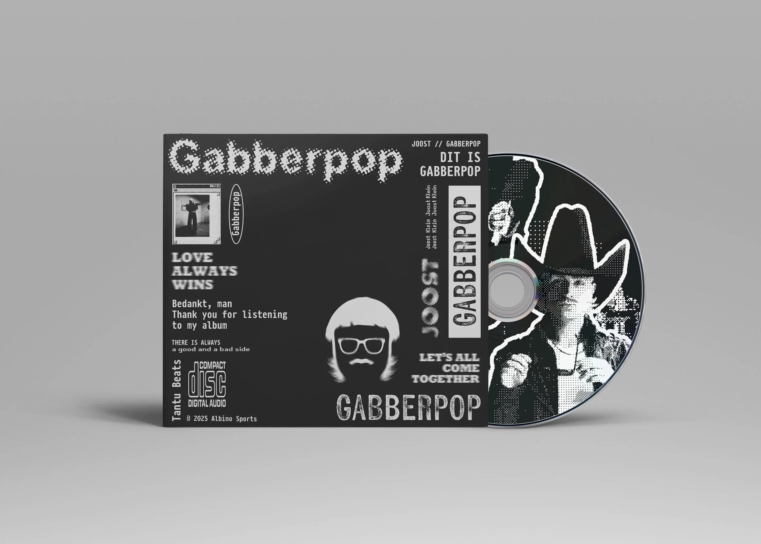 A music CD titled 'Gabberpop' with a black and white design featuring a stylized character with glasses and text including song titles and messages.