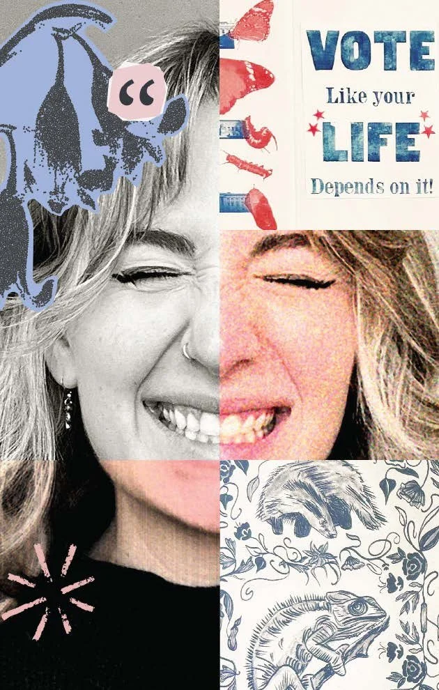 A collage of six images featuring a smiling young woman, political campaign imagery, stylized animal sketches, and decorative patterns.