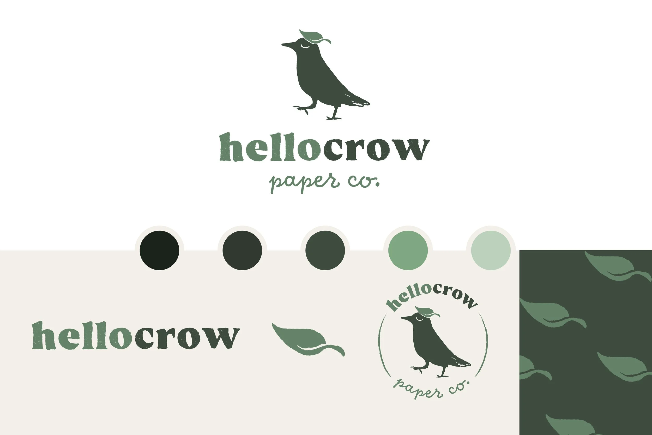 Brand logo for hellocrow paper co., featuring a black bird wearing a leaf as a hat, with dark green and light green color palette, and a background with leaf patterns.