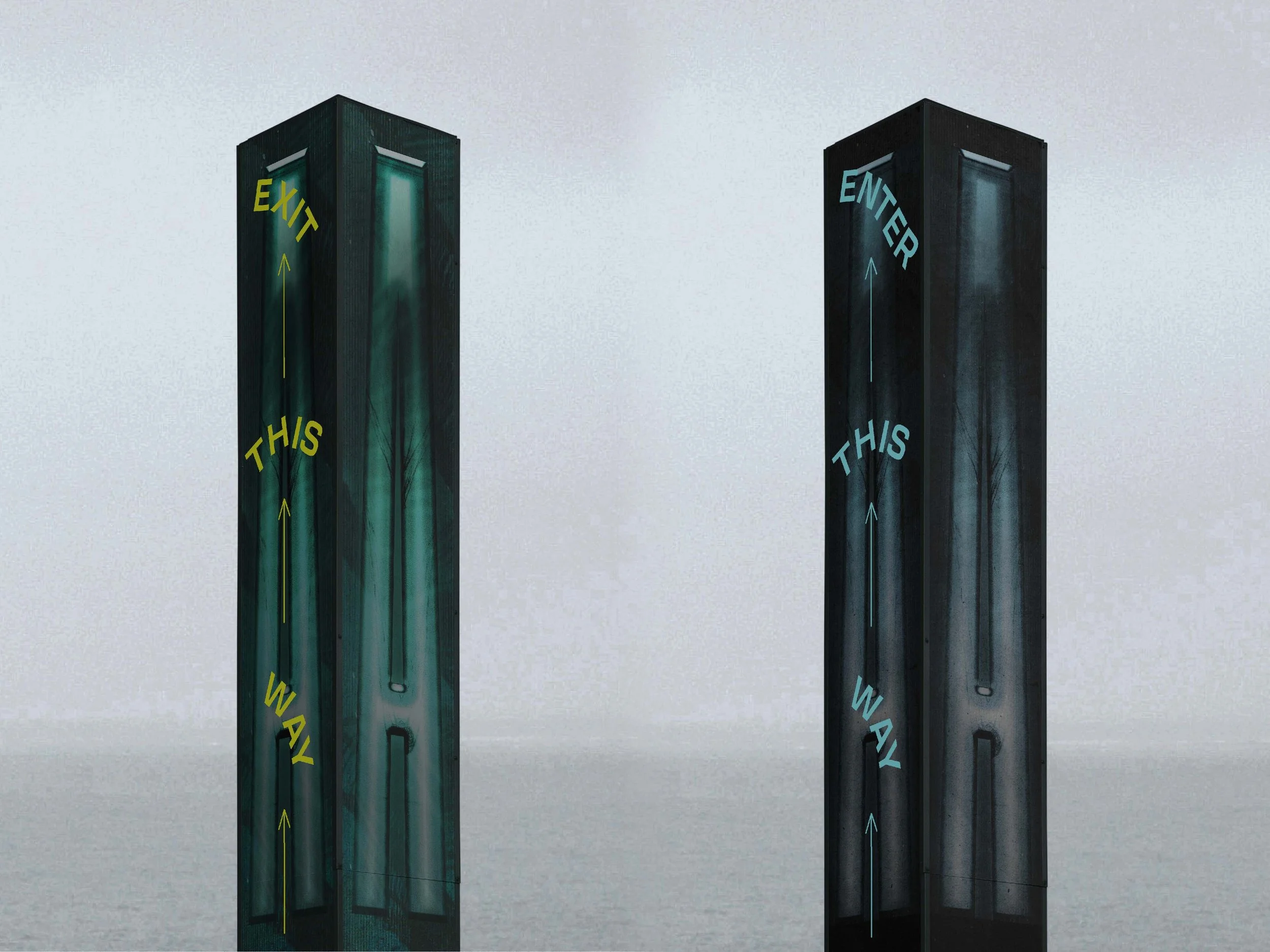 Two vertical signposts appear to be made of dark glass or metal, with the left sign reading 'EXIT THIS WAY' in yellow and the right sign reading 'ENTER THIS WAY' in blue, both with arrows pointing upward.