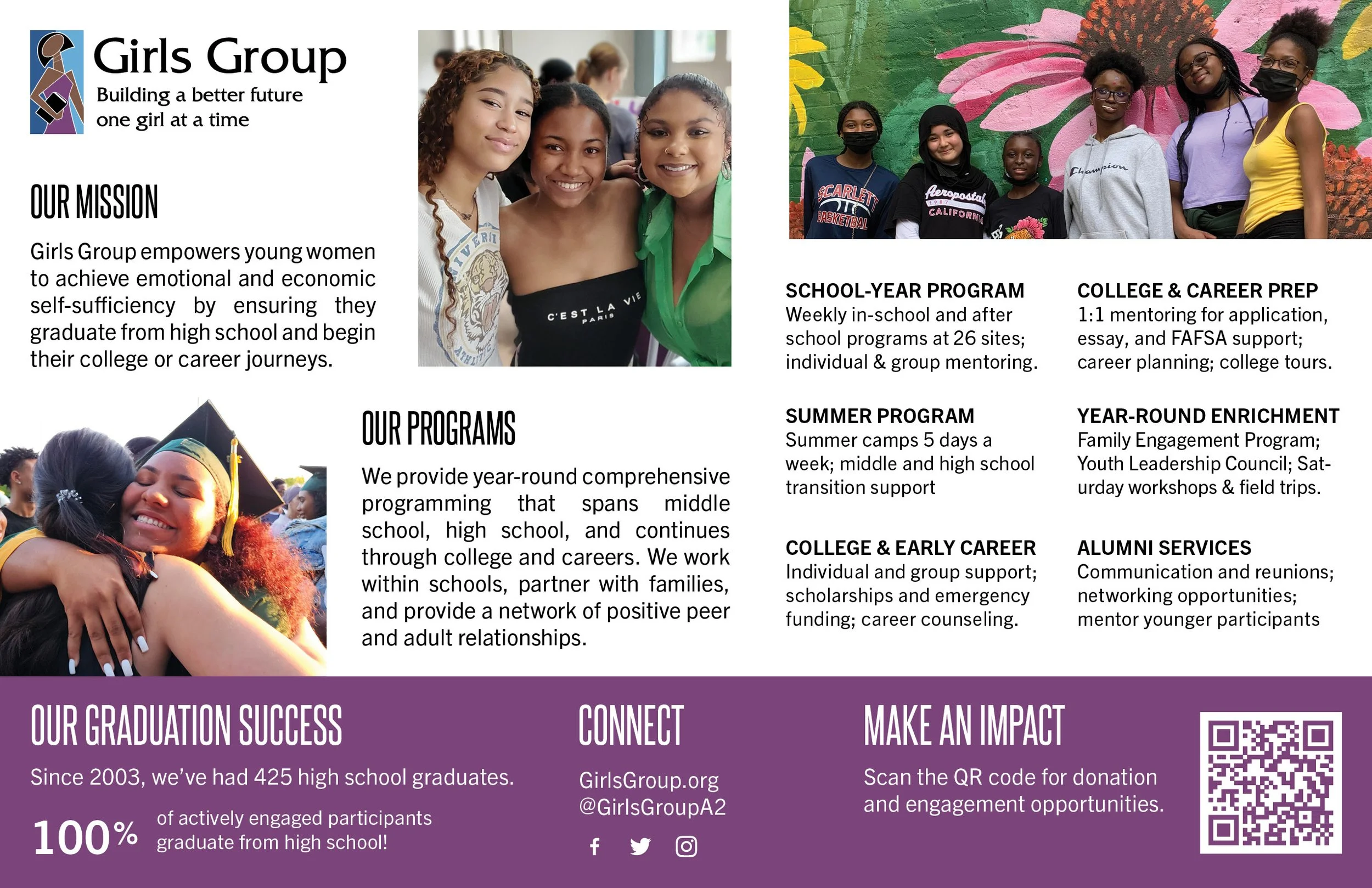 Flyer for Girls Group with images of diverse young women and program information, including mission statement, programs, and contact details.