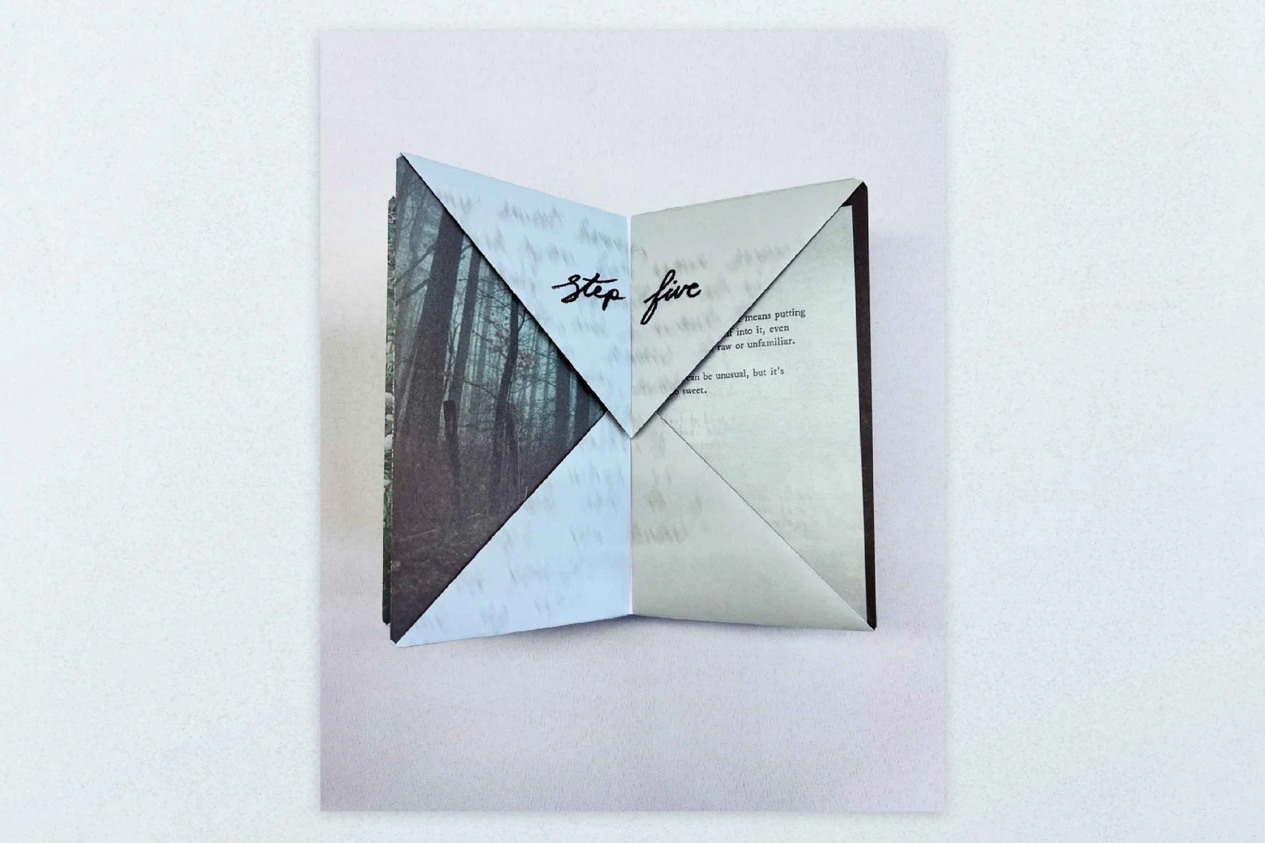 An open book with a folded paper in the shape of a triangle on its pages, with the words 'step five' written on it.