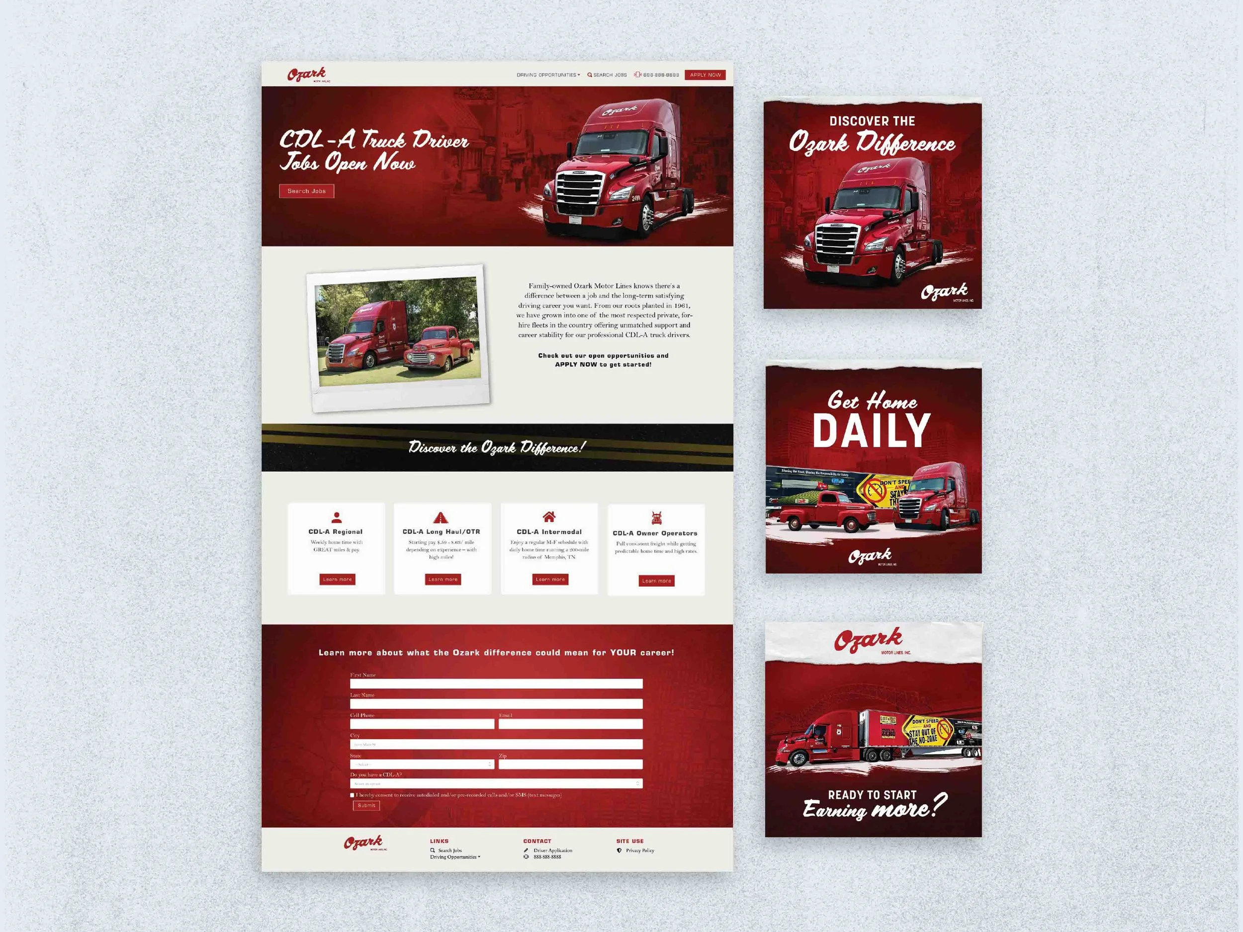 Web page and three social media-style ads for Ozark Motor Lines, featuring red trucks, with headlines about truck driving careers and earning opportunities.