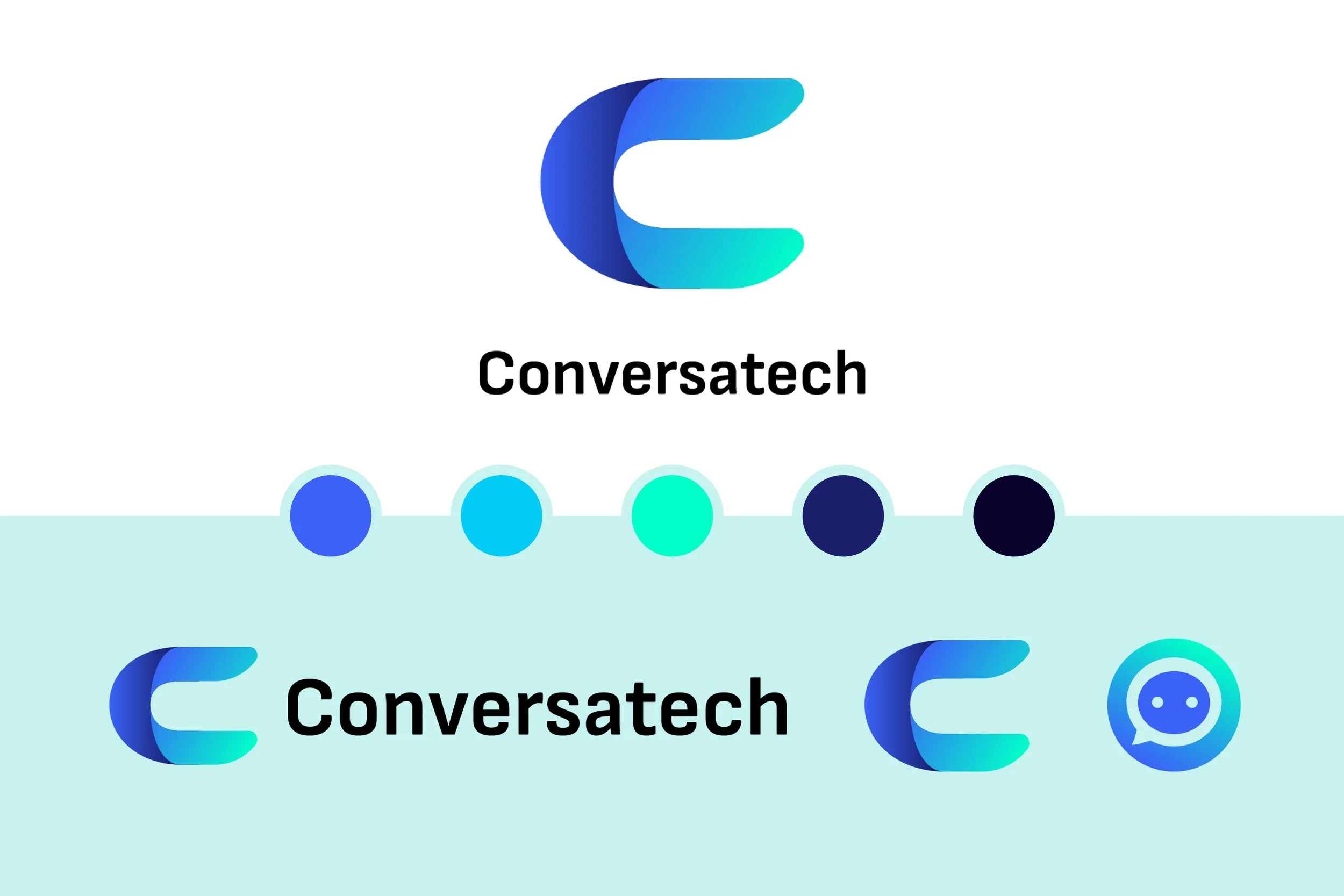 Designs of a blue gradient letter C, with the text "Conversatech" and a chat bubble icon, in different styles and sizes, on a split background, with the upper part white and the lower part light blue.