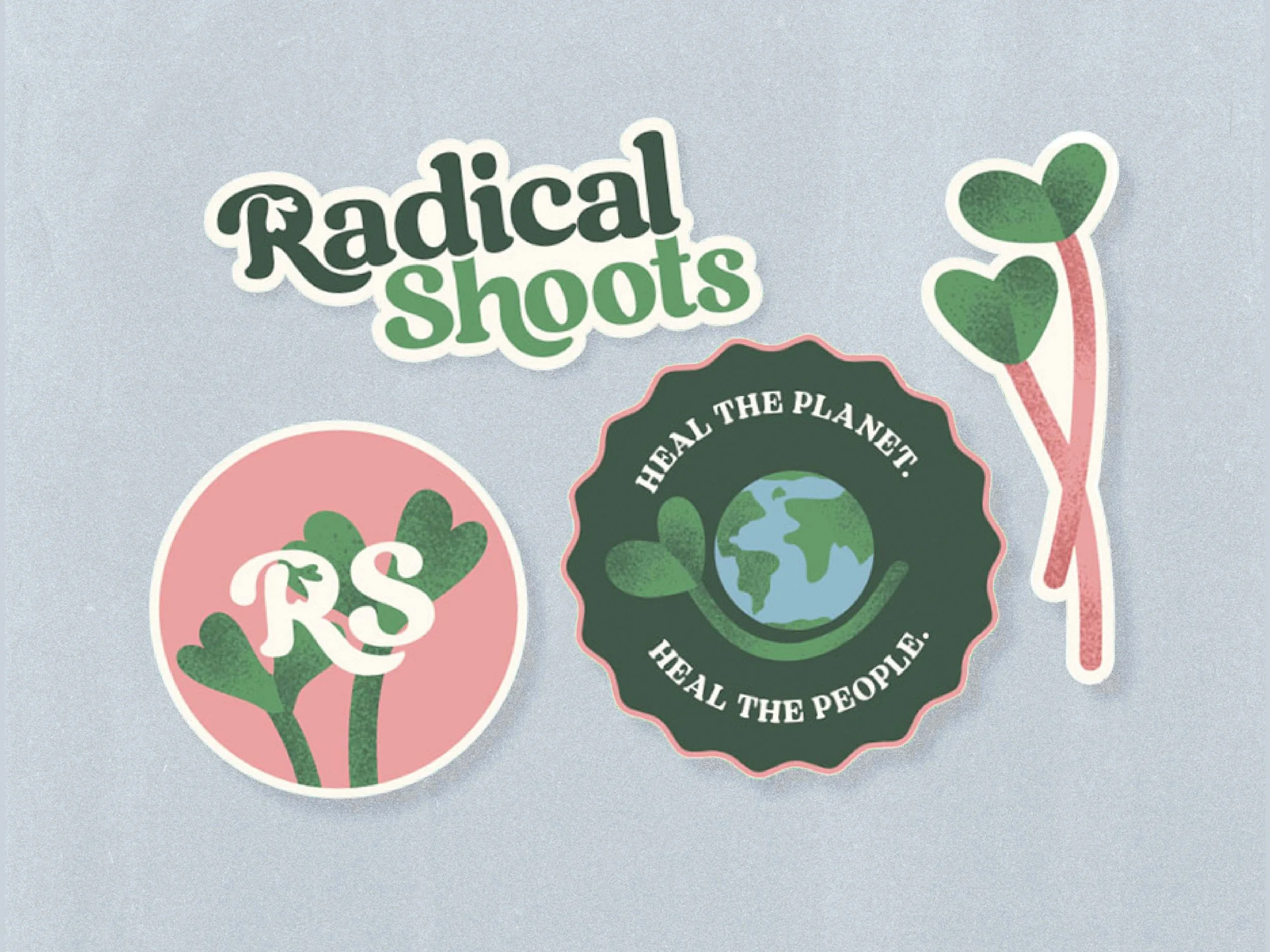 A collection of stickers promoting environmental activism with phrases like "Radical Shots" and "Heal the Planet, Heal the People," featuring images of Earth and green plants.