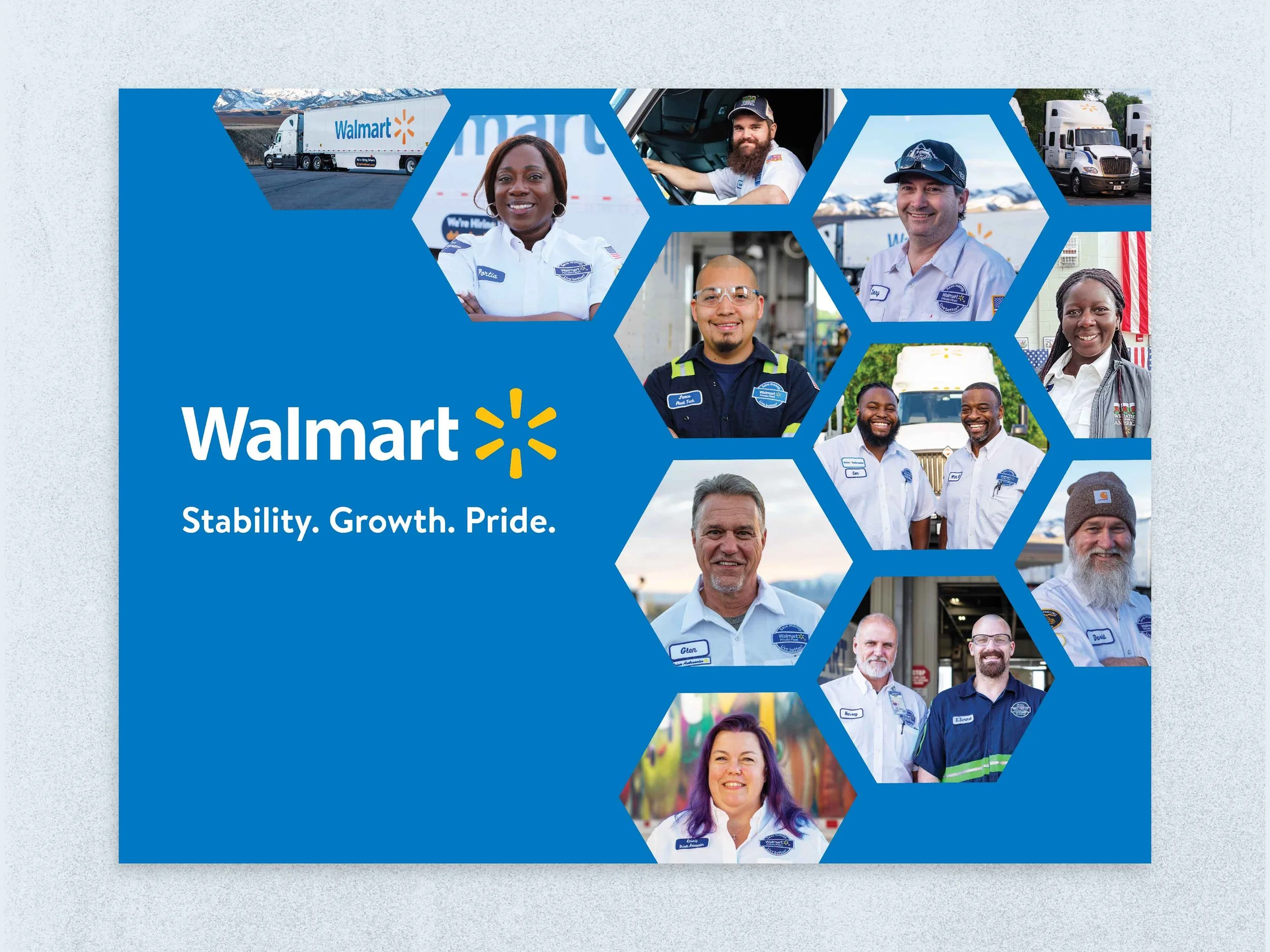 A collage of employees from Walmart, featuring diverse workers in uniform, some with trucks and a mountain landscape in the background. The Walmart logo and the words 'Stability. Growth. Pride.' are prominently displayed.