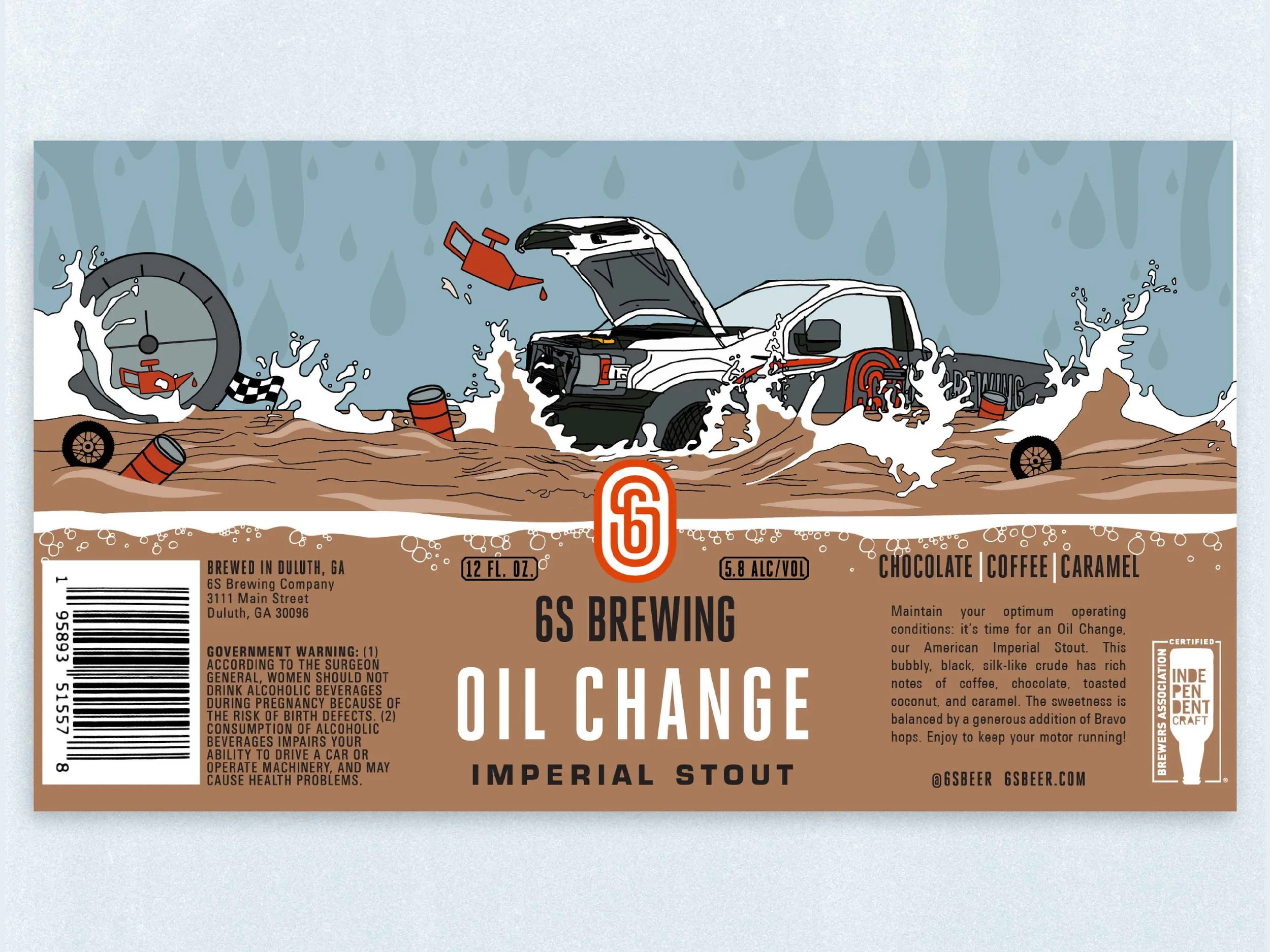 Illustration of a stormy scene with a crashed truck in a muddy flood, debris floating, including barrels, tires, and a stopwatch; branding for 6S Brewing, an imperial stout beer named Oil Change, with flavor notes of chocolate, coffee, and caramel.