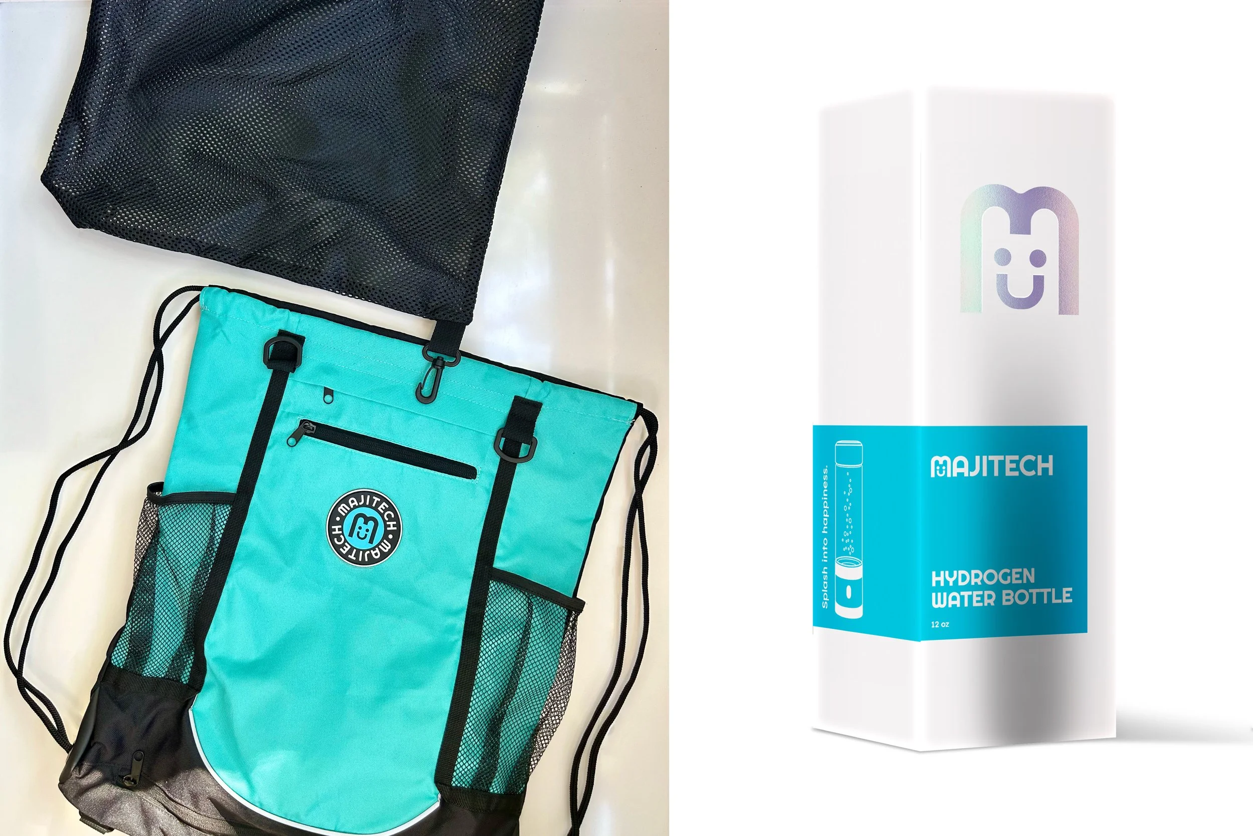 A turquoise hydration backpack with black accents and mesh side pockets, positioned next to a black mesh bag and a box of a hydrogen water bottle.