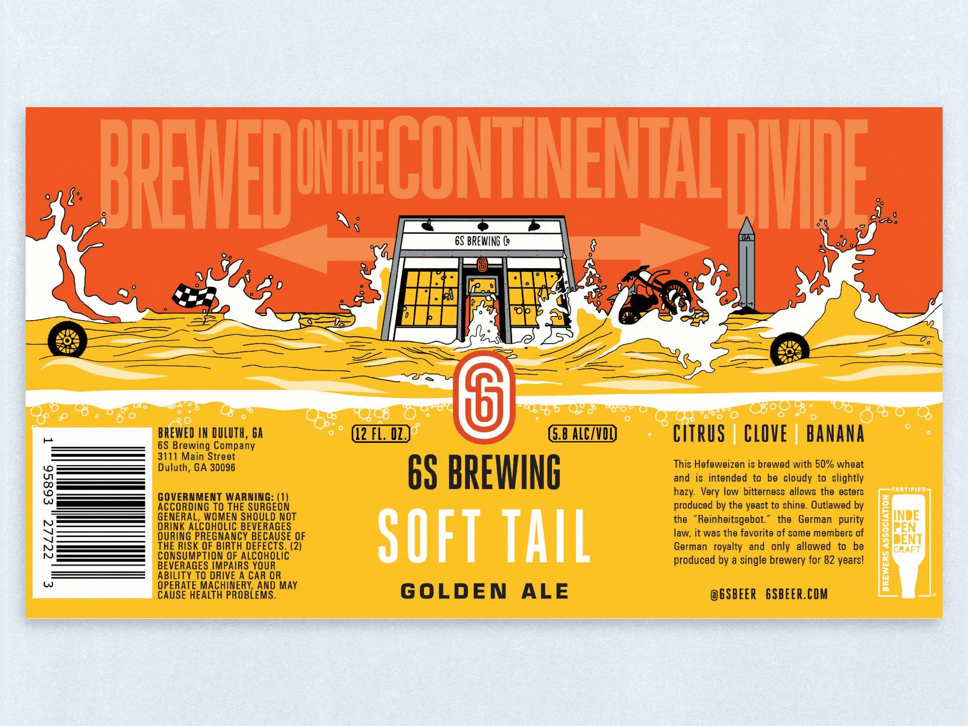 A vibrant label for 6S Brewing's Soft Tail Golden Ale, featuring a stylized illustration of a flooded scene with a brewery building, a bicycle, tires, and a marker post, with bold orange and yellow colors and text about the brewing process and flavor