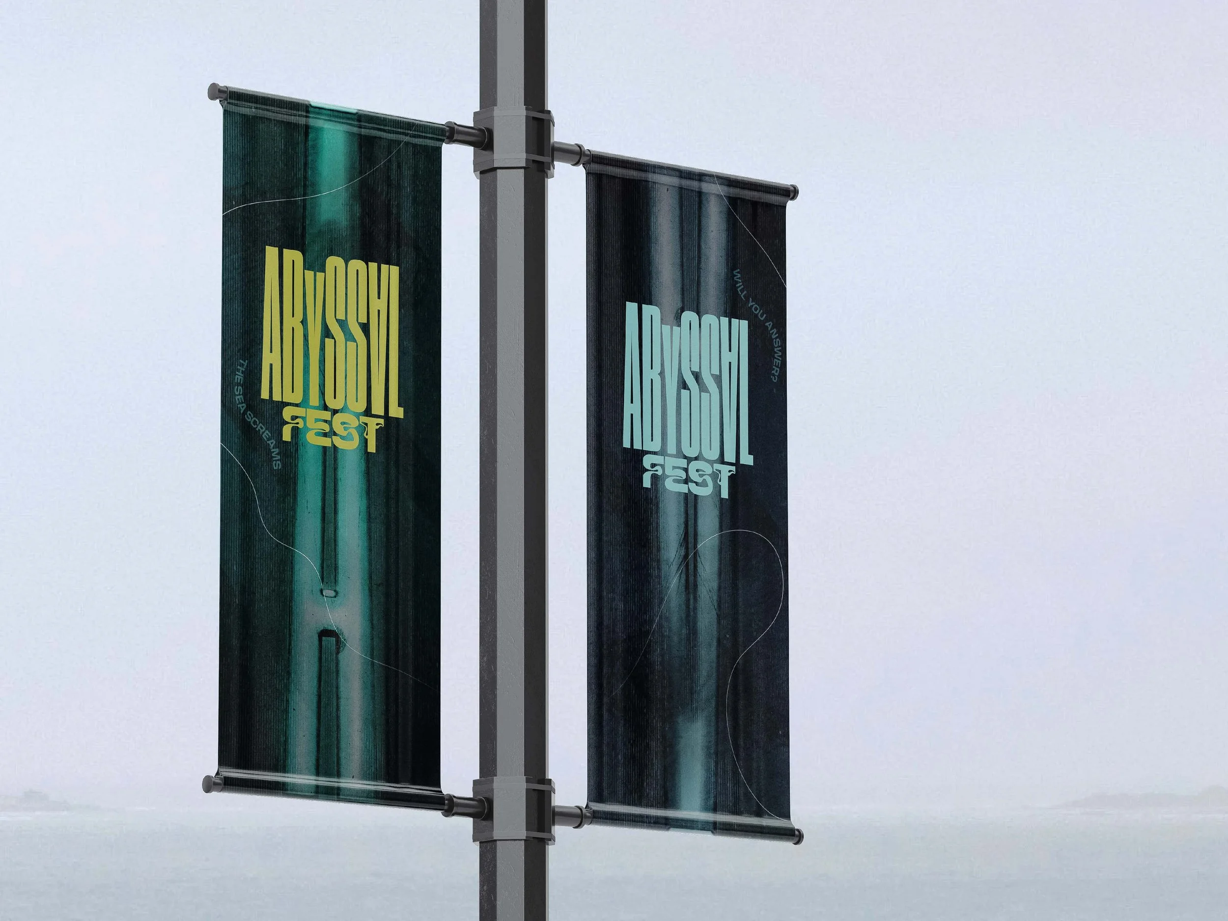 Two vertical banners attached to a pole promoting Abyssal Fest with abstract blue and green oceanic designs.
