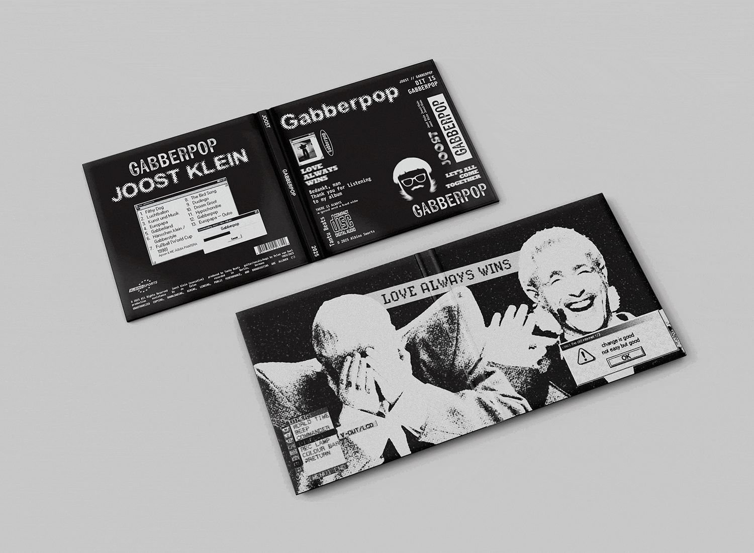 Black and white poster and booklet, featuring text and pixelated images of two women, with the text "LOVE ALWAYS WINS" and a warning message about color change.