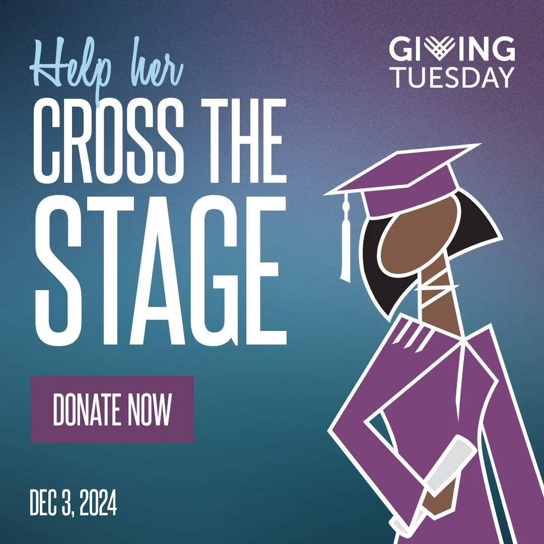 Promotional graphic for Giving Tuesday, encouraging donations to help students cross the stage, with an illustrated graduate in cap and gown, and text promoting donation and event date December 3, 2024.
