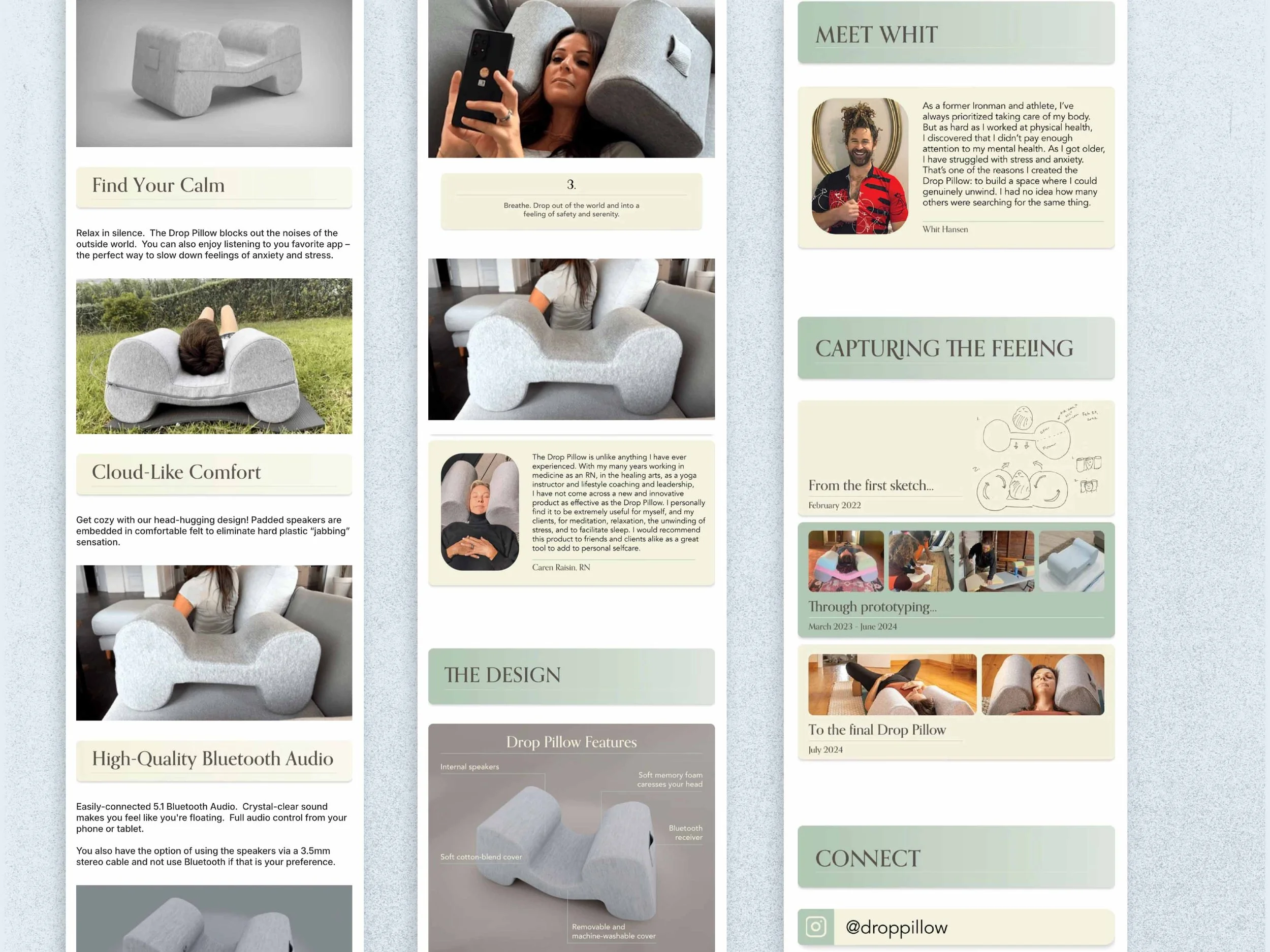A schematic drawing and photos of a foam pillow designed for relaxing and stress relief, shaped like a plush cloud with speaker components and a removable washable cover.