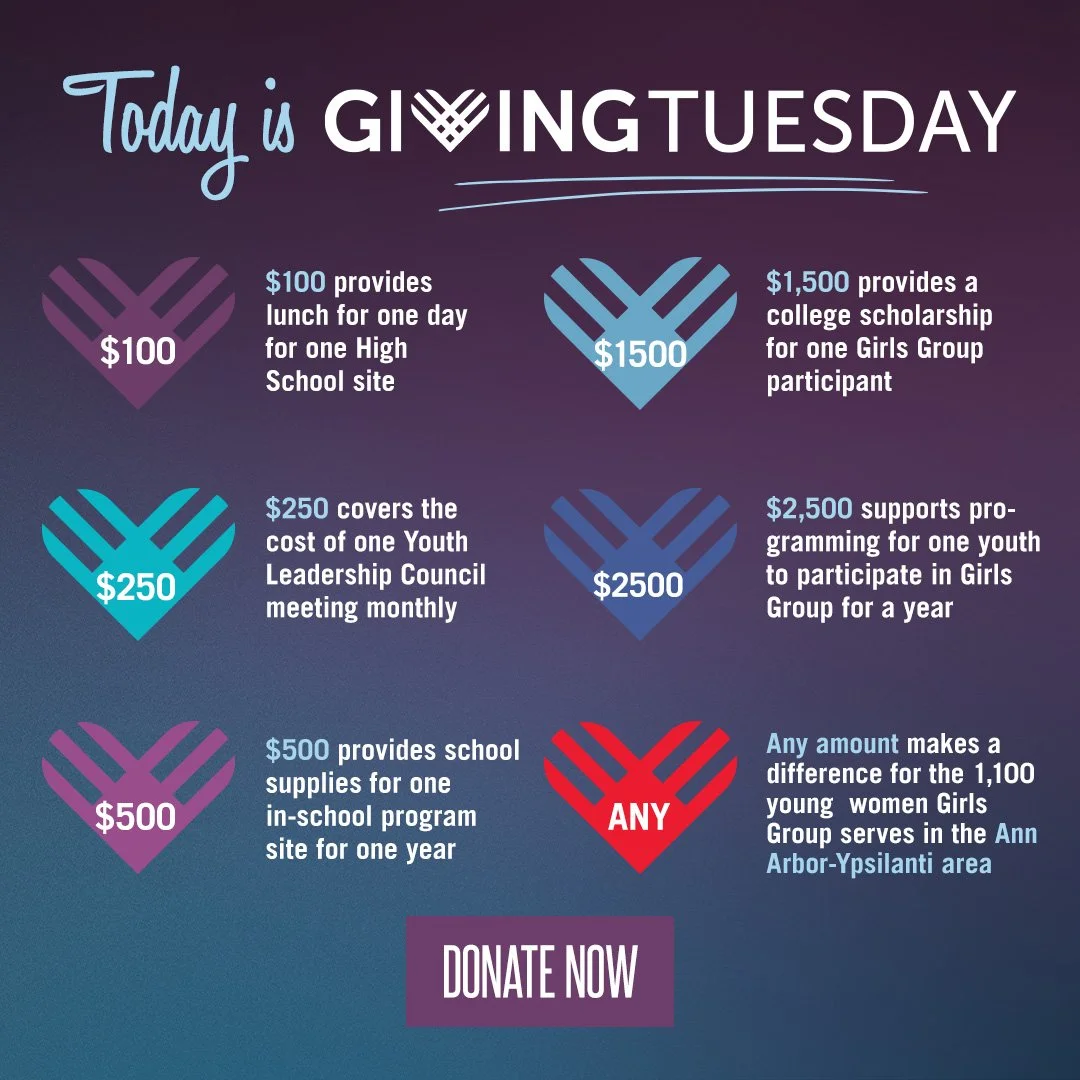 A Giving Tuesday donation infographic showing different donation amounts and what they support, including lunch, scholarships, youth council meetings, youth programming, school supplies, and a note that any donation helps the local girls' group. The