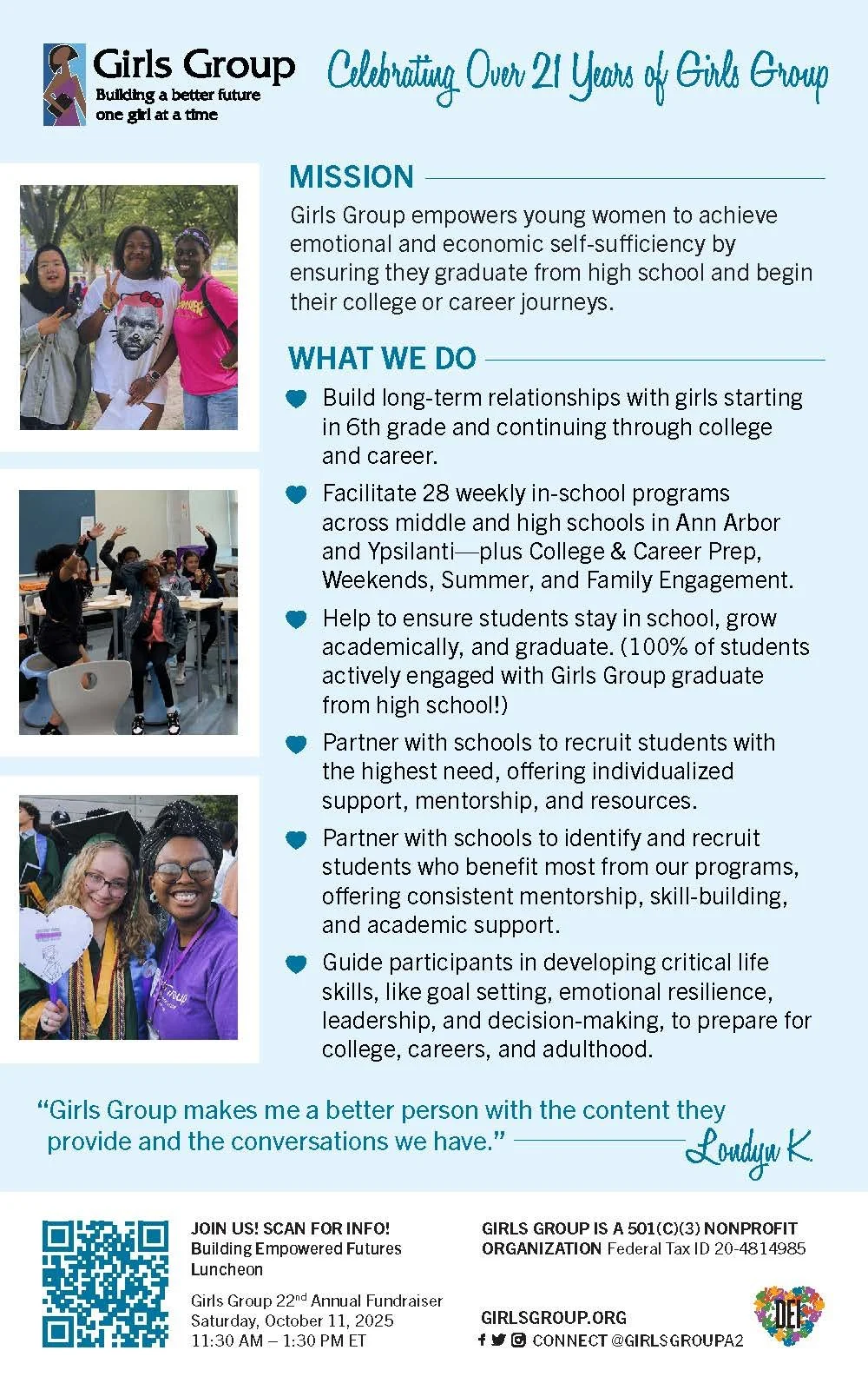 Flyer with information about Girls Group, a nonprofit organization celebrating over 21 years of empowering young women through mentorship and support programs. Includes photos of girls participating in activities and a QR code for more info.