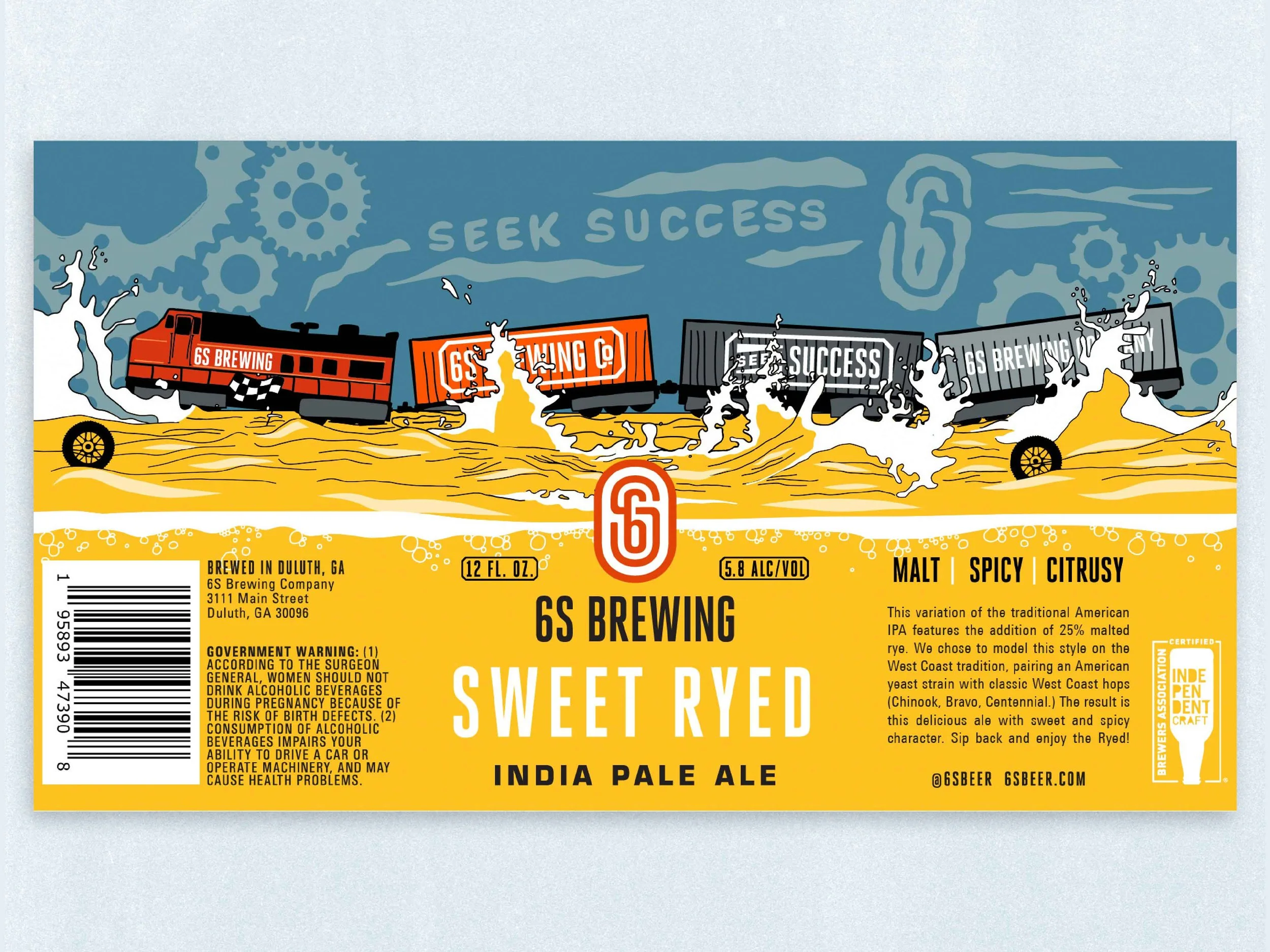 A beer label for 6S Brewing Sweet Rye'd India Pale Ale featuring a graphic of a train derailing into water with splashes, and the words 'Seek Success' in the background.