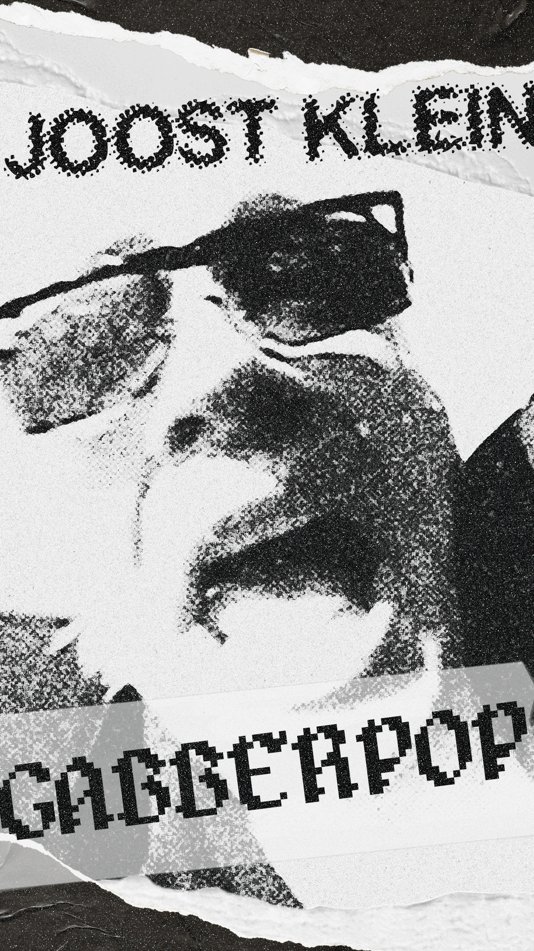 Black and white paper artwork showing a person taking a photo with a camera, with the words 'HOOOST KLIN' at the top and 'GADDERPOP' at the bottom in pixelated font.