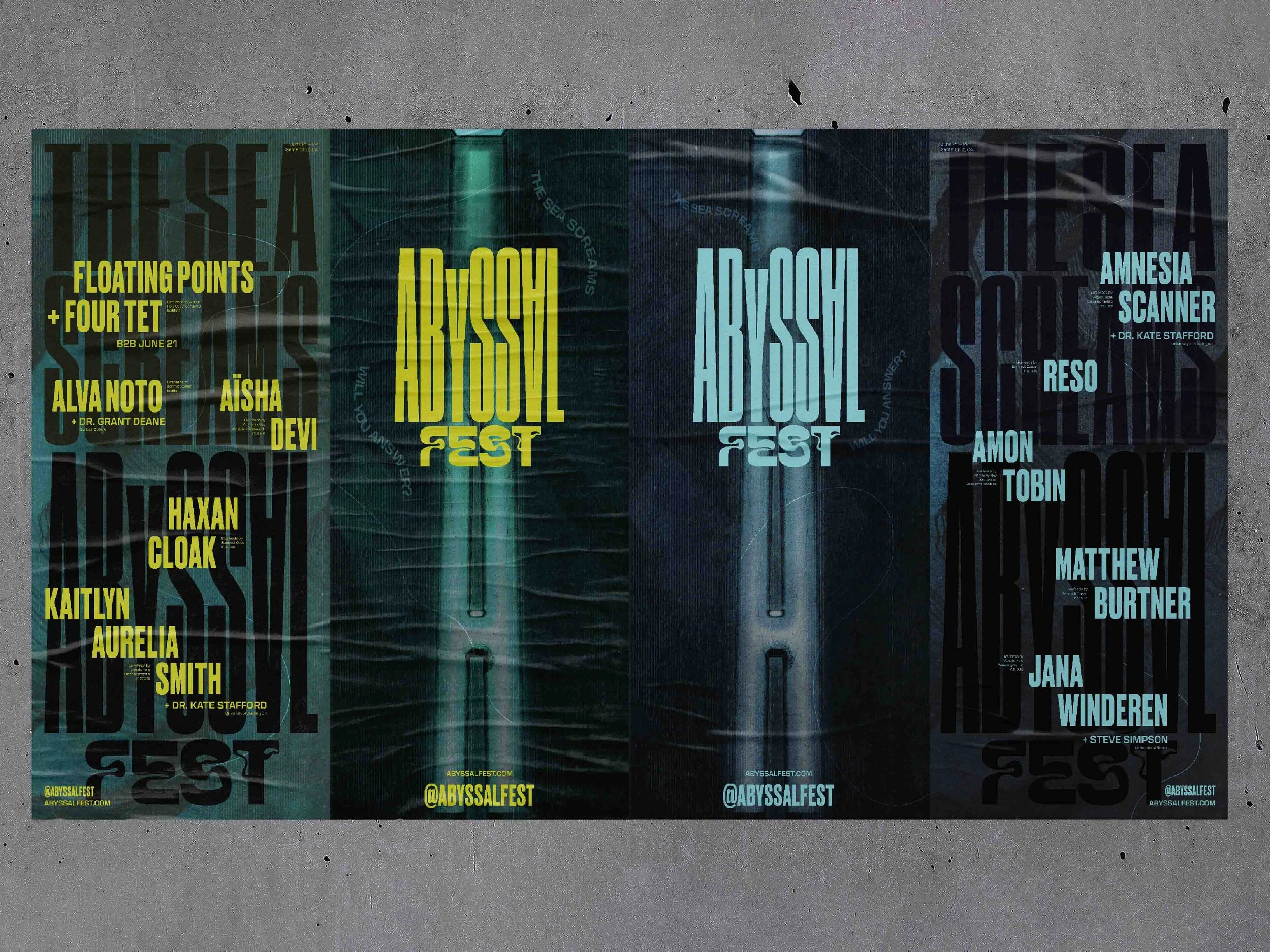 Promotional poster for Abyssal Fest with dates and lineup of electronic music artists.