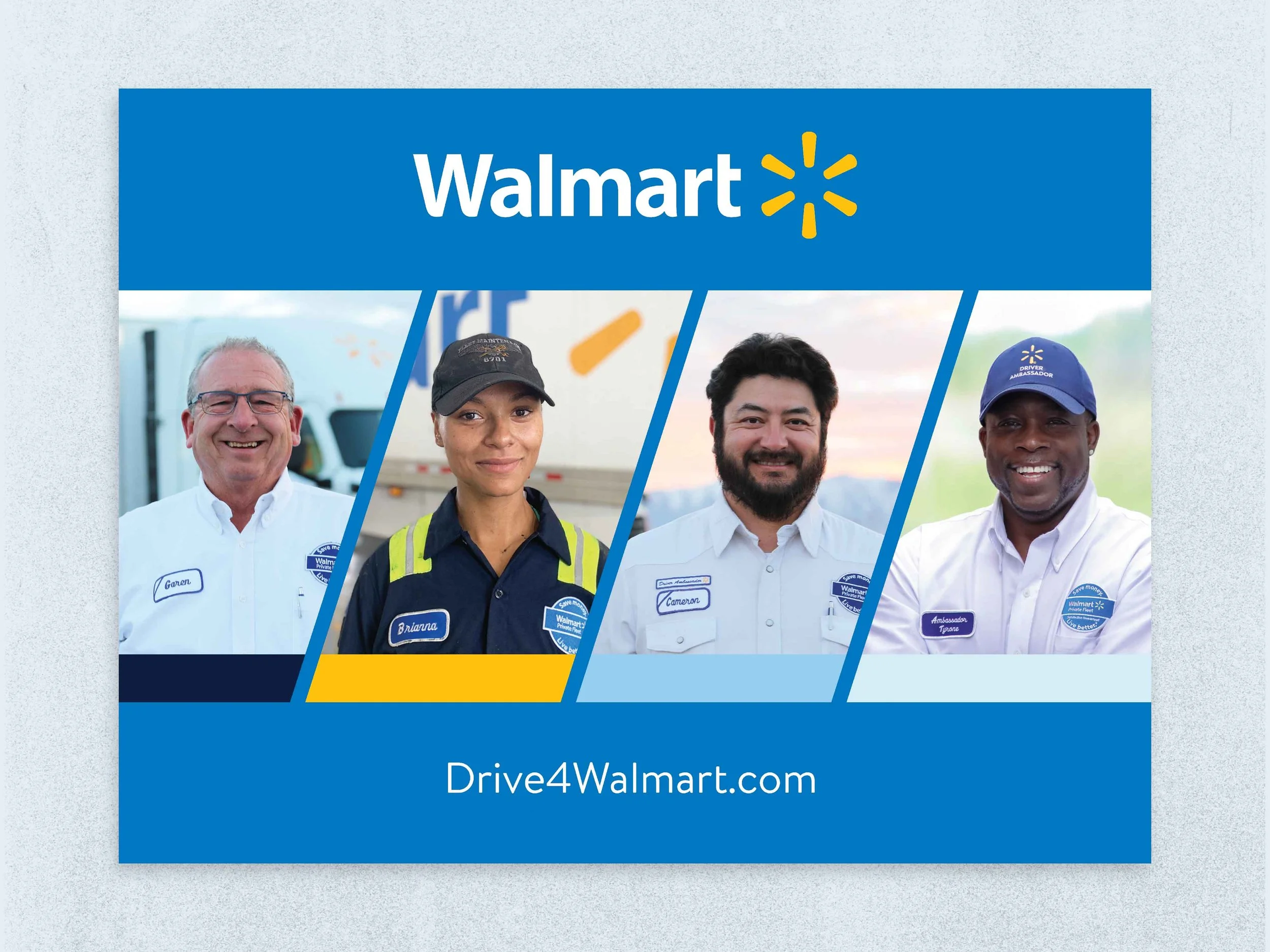 Banner featuring four Walmart employees with their names and a website link, smiling and standing outdoors.