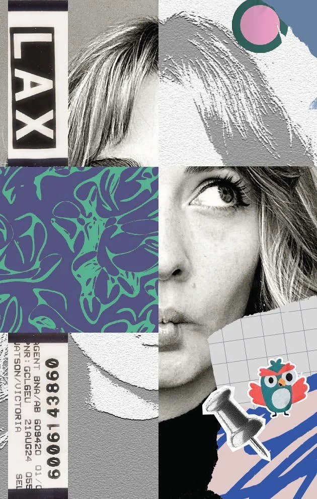 Collage of various images, including a black and white woman's face with part visible, a sticker with the word LAX, a stylized floral pattern, and a colorful owl pin with a push pin on a grid-patterned background.