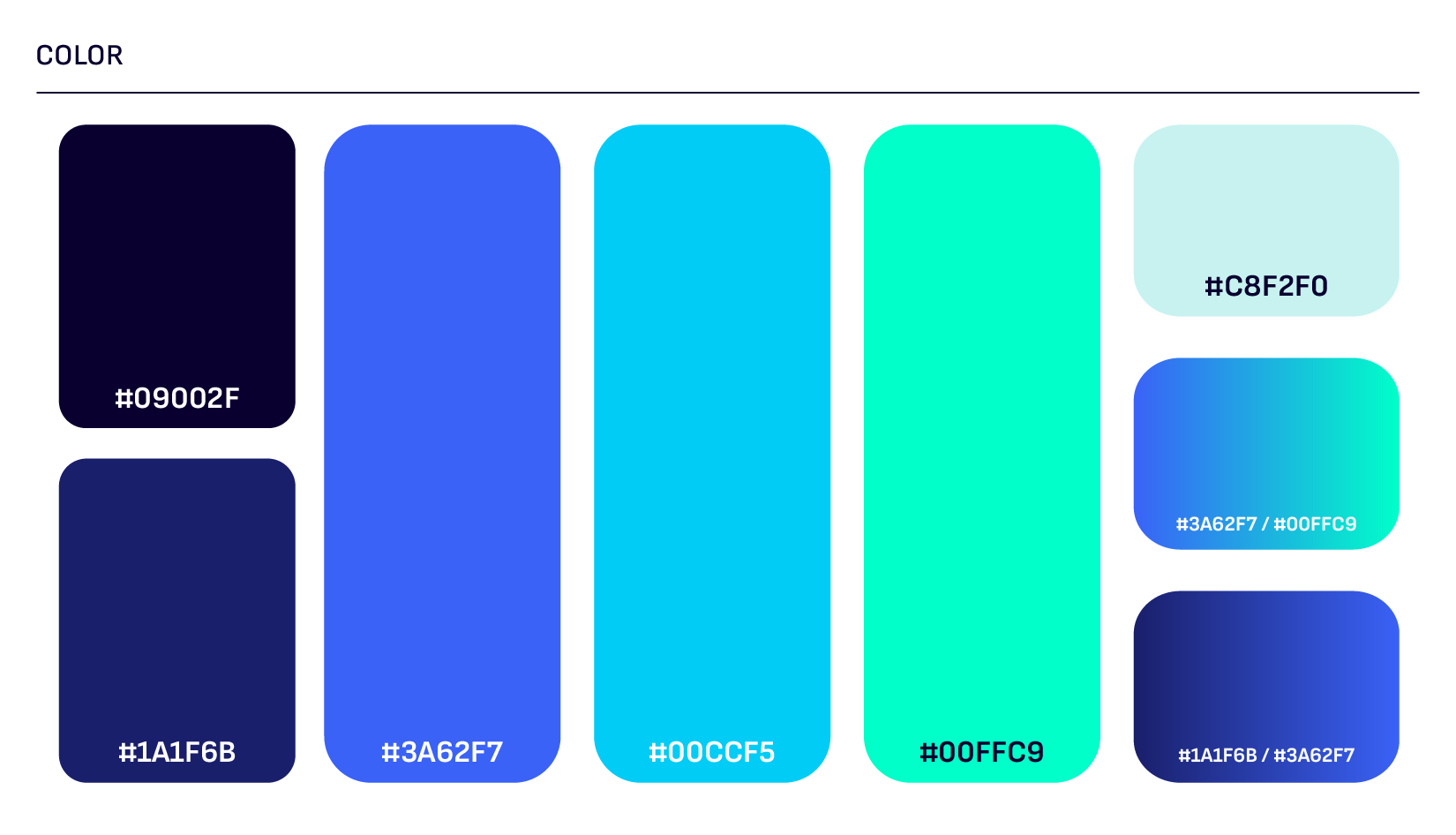 Color palette with various shades of blue, cyan, and navy, including hex color codes.