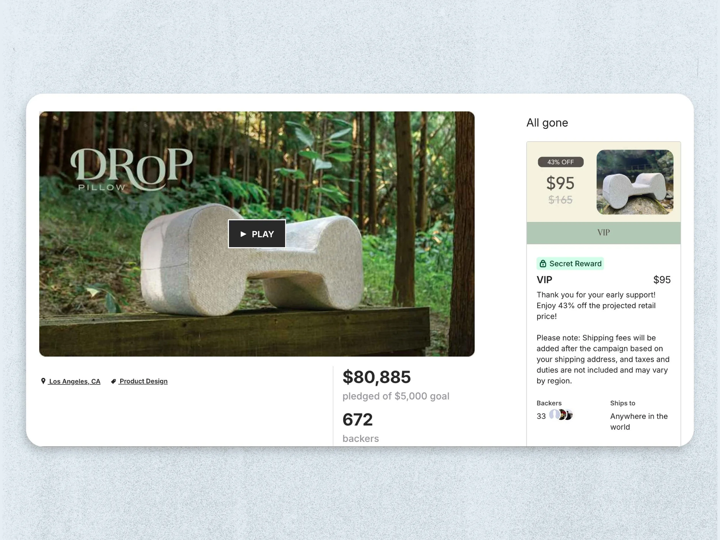 Crowdfunded campaign page showcasing a modern outdoor bench with a rounded, sculptural design, labeled as 'Drop Pillow,' set in a forest background. The campaign has raised over $80,000 from 672 backers, with a goal of $5,000. The product is priced a