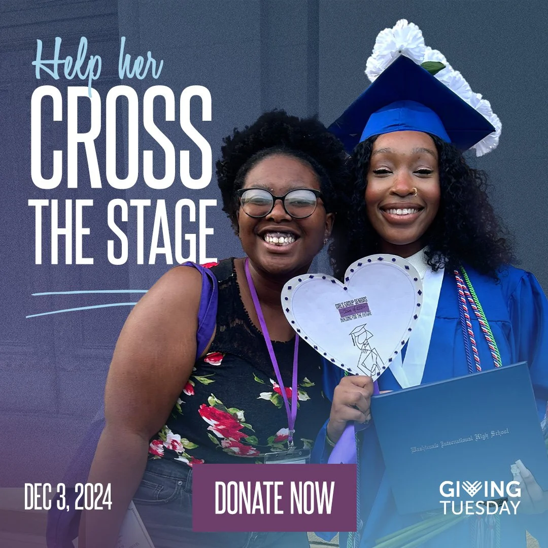 A smiling young woman in a blue graduation gown and cap holding a heart-shaped sign, standing next to a woman with glasses and short curly hair, in front of a purple background with white text that reads, Help her CROSS THE STAGE, DEC 3, 2024, DONATE