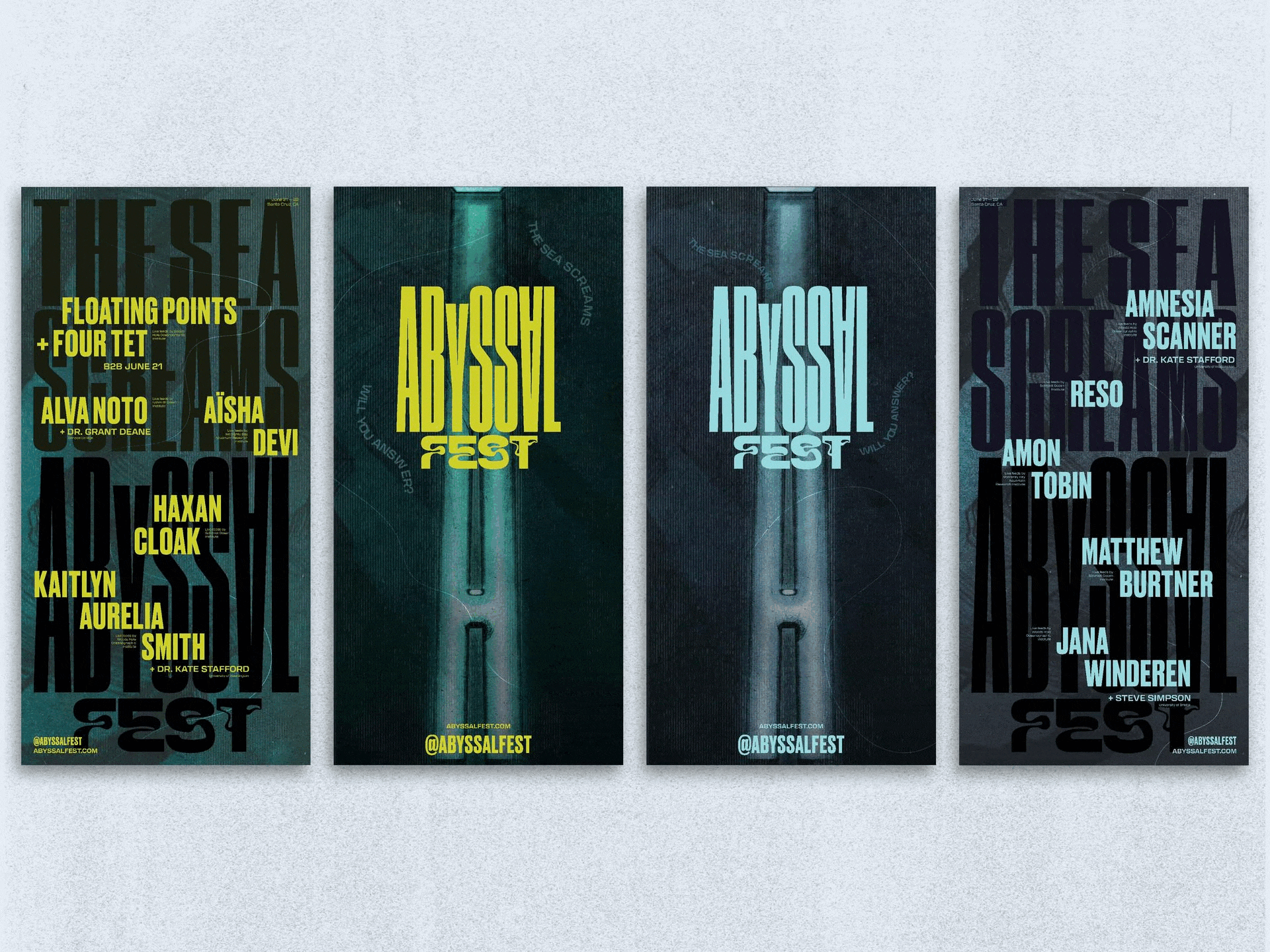 Four posters advertising the Abyssal Fest with the theme of deep-sea exploration, each featuring different color schemes and artist names.